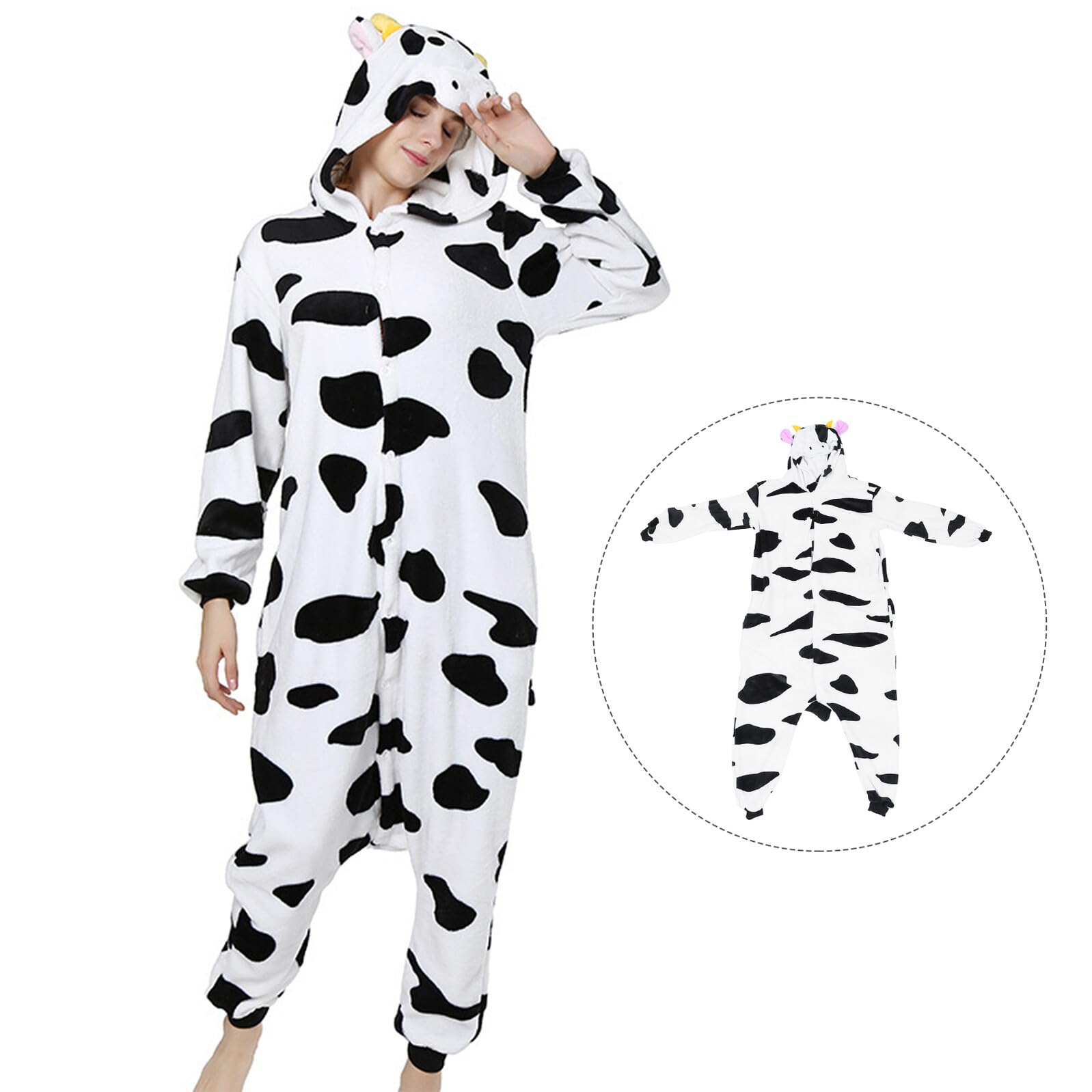 VALICLUD Pigiama Intero Animali in Flanella Unisex Camicia da Notte Creativa Motivo Mucca Caldo per Cosplay Autunno Inverno