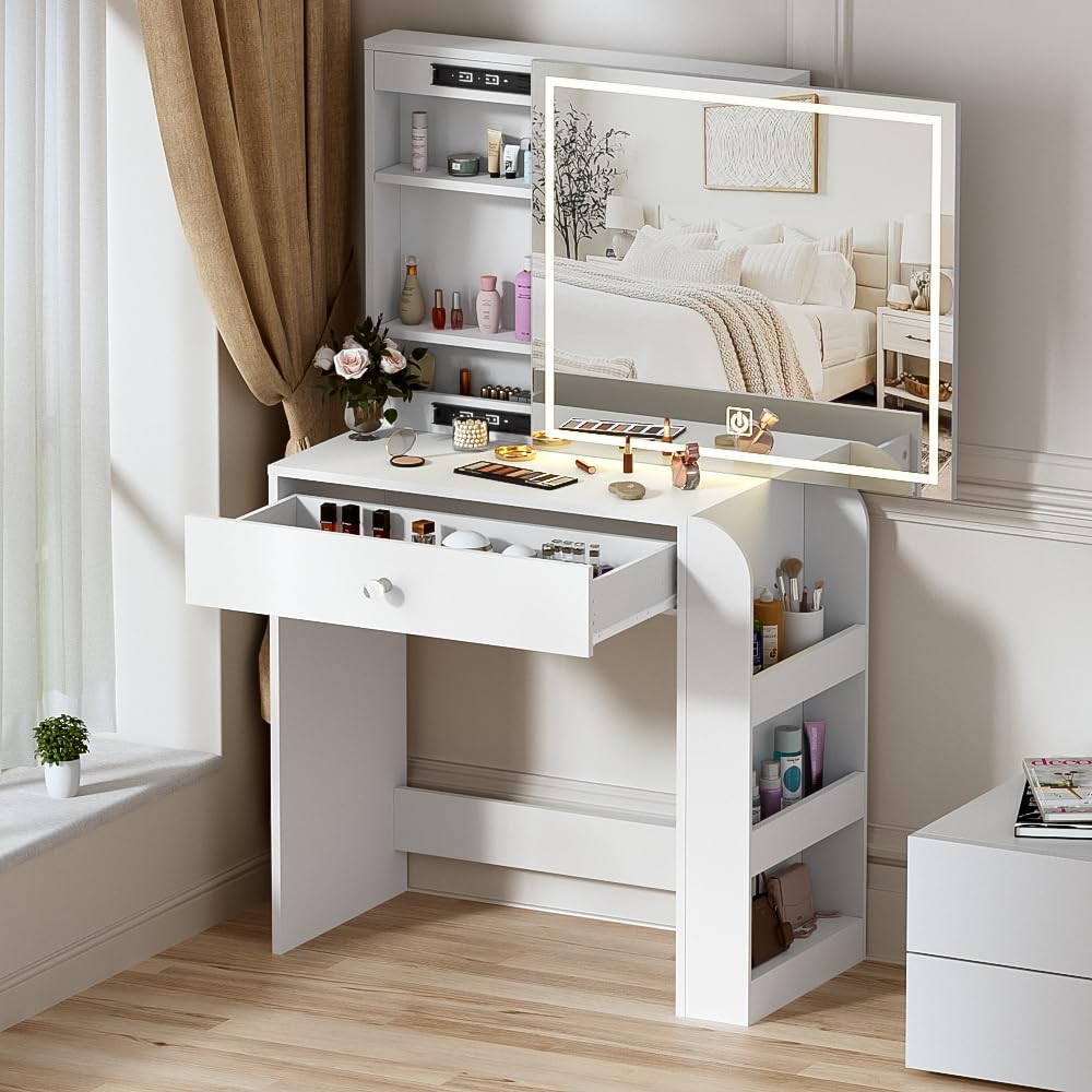 MSFE Escritorio Maquillaje con Espejo,Tocador con Luces LED y Espejo Deslizante,3 Colores y Brillo Ajustable,Tocador con Cajones,Escritorio de Tocador para Dormitorio de Niñas,81.2 * 40 * 135cm