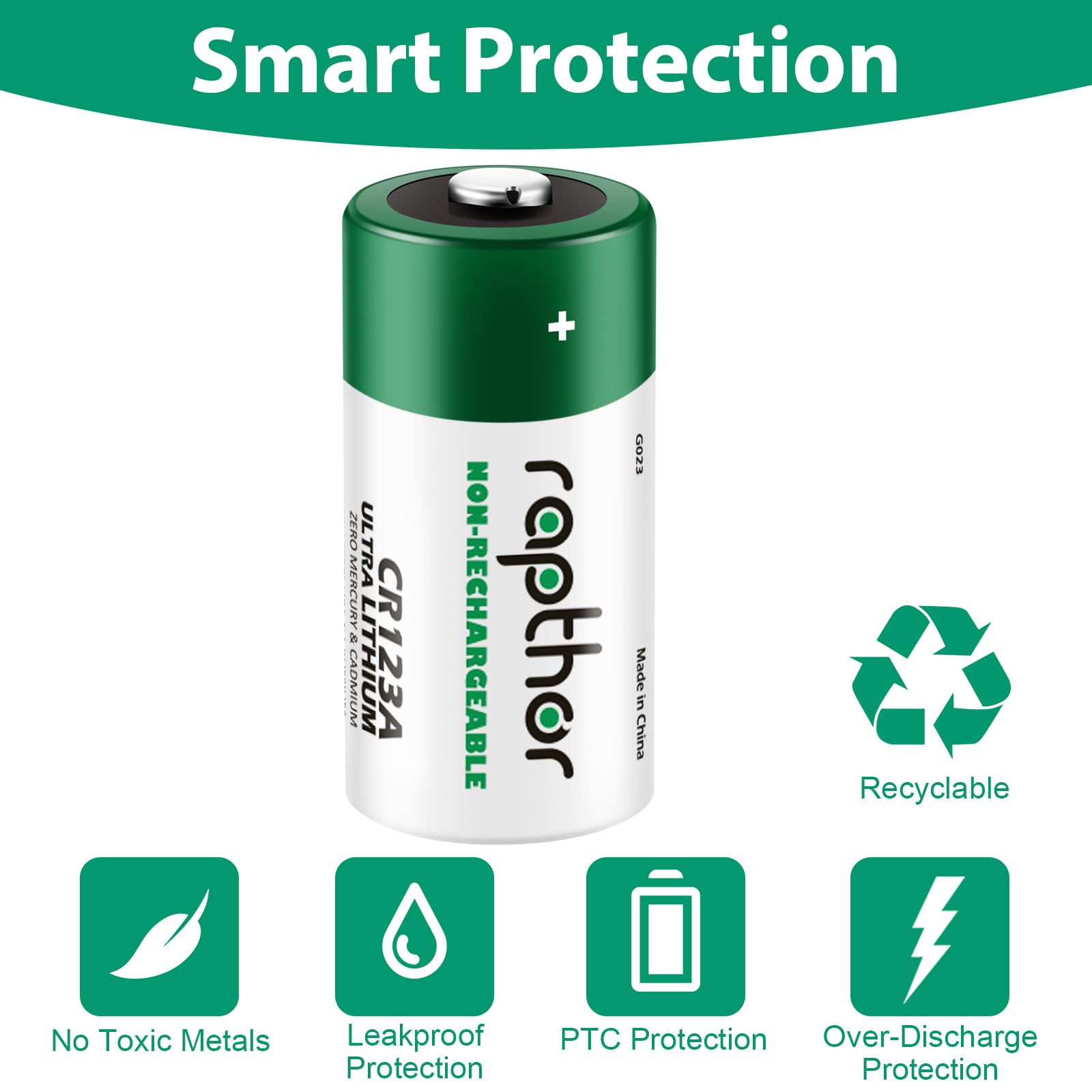 rapthor Lot de 20 piles au lithium CR123A 1800 mAh 3 V CR123 123 A CR17345 non rechargeables pour lampes de poche, détecteurs de fumée, système d'alarme