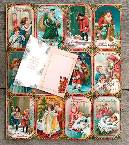 Image of PIXILUV CHRISTMAS SCENES (Pack of 12) Notecards Small Greeting Cards # Beautiful Christmas Scenes Framed in Red Borders ~ Vintage Christmas Postcards Reprint