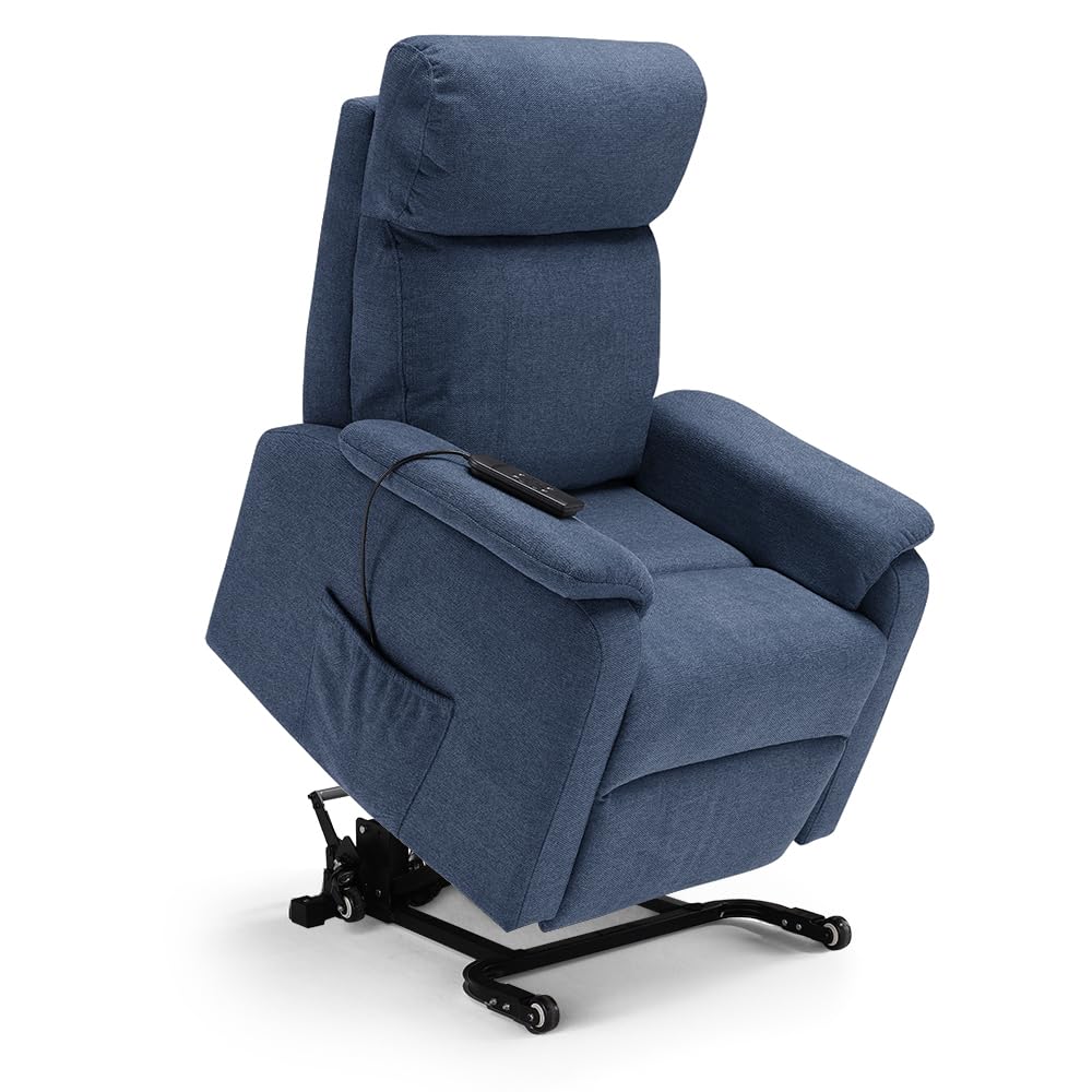Poltrona relax elettrica Denver per anziani, 2 motori, 2 o 4 ruote, reclinazione e alzapersona, sponde estraibili, pediera estensibile, tessuto idrorepellente… (CON KIT ROLLER SYSTEM - 4 ruote, Blu)