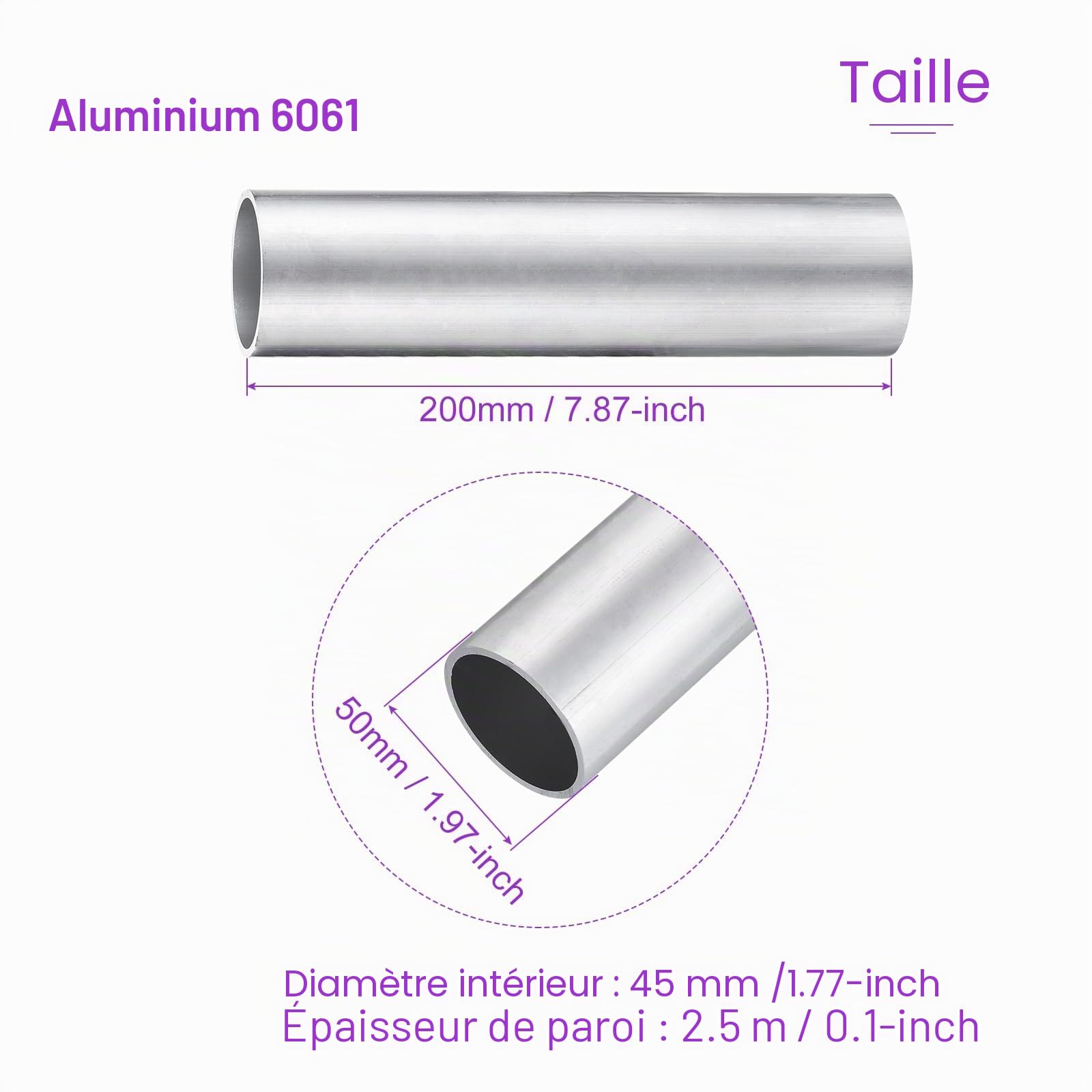 DMiotech Lot de 2 (50mm OD x 45mm ID) Tube Rond en Aluminium 6061 de 200mm de Longueur pour la Construction de Cadres de Machines et les Projets DIY