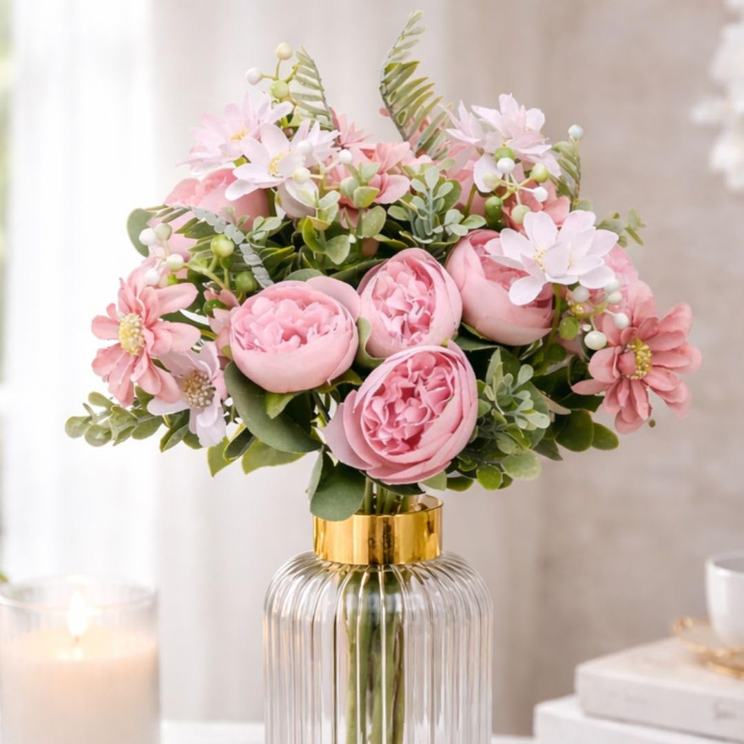 SATYAM KRAFT 1 Pcs Artificial Peony Rose Flower Bouquet Bunch for Home Decor, Office, Bedroom, Balcony, Table Display, Wedding Decoration (Without Vase Pot) (Pink) Fabric