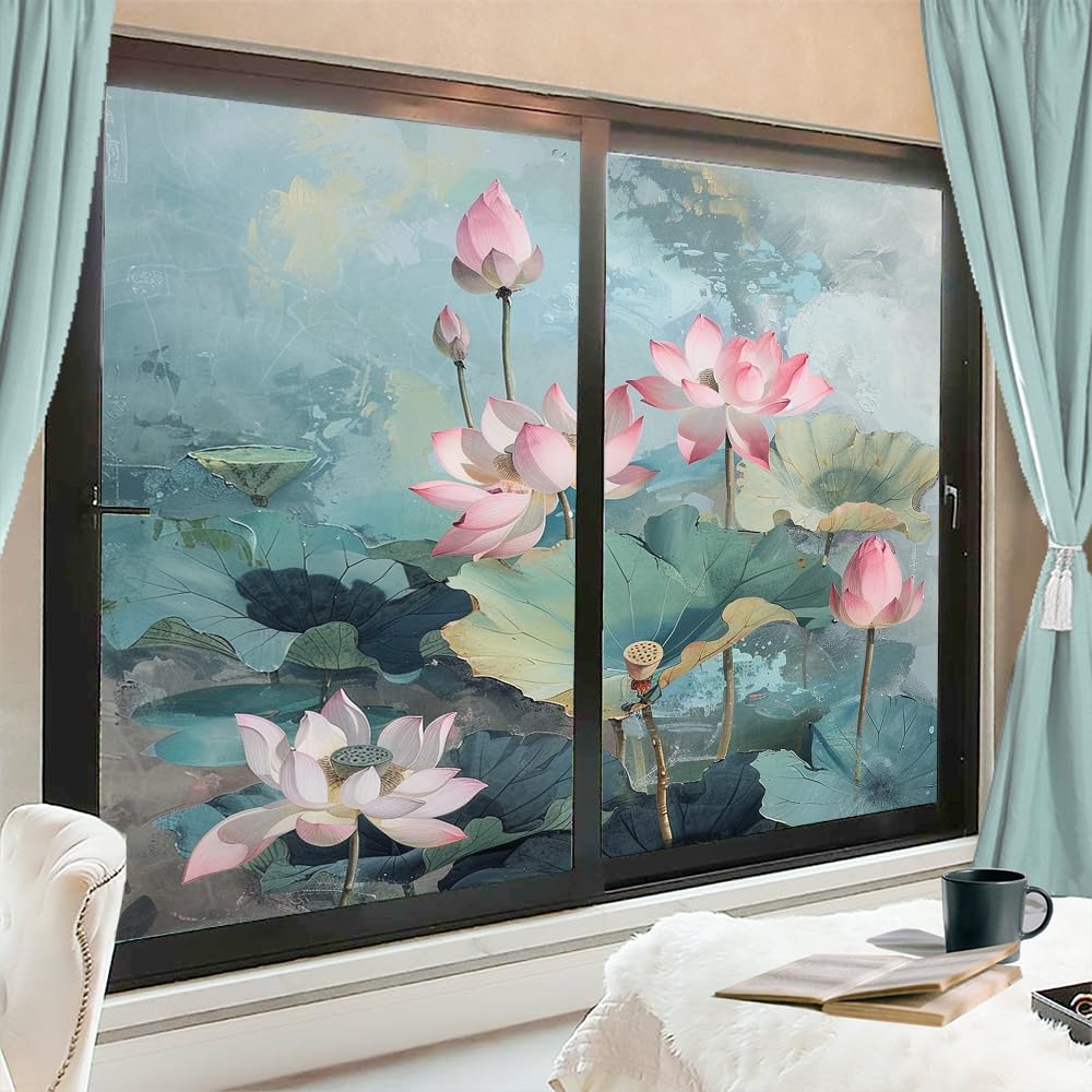 Fyfmushe Vintage Lotus Flowers Window Privacy Film Stained Glass Beautiful Nature Plants Rustic Window Clings For Glass Decorative Stickers Static Cling Sun Blocking Coverings 45X60 Cm X 2 Pcs