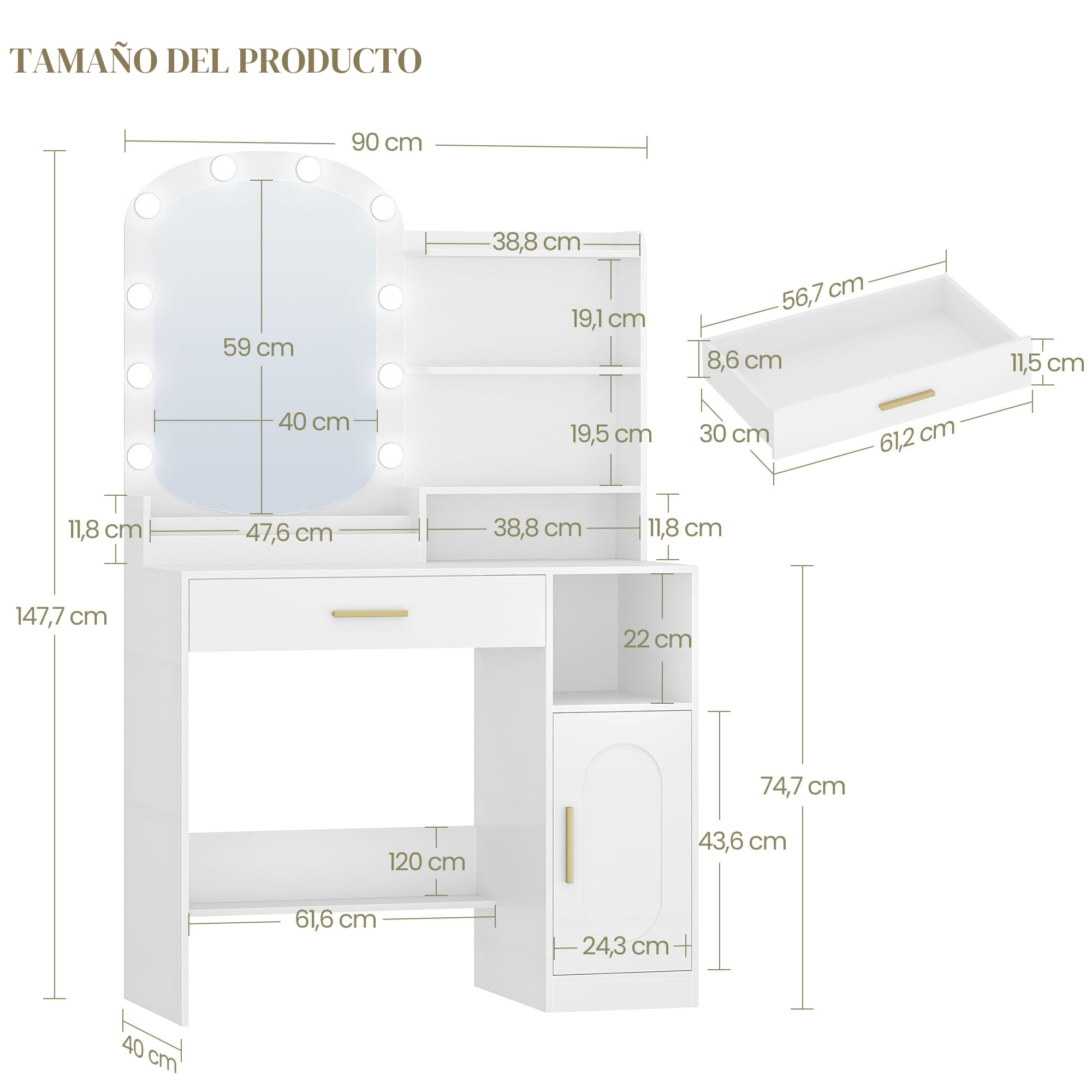 HEXCELEN Tocador con Espejo Ovalado, Mesa de Maquillaje con 10 Luces LED, Tocador de Maquillaje, Brillo Ajustable, 1 Cajón, 1 Armario, 4 Compartimentos Abiertos, Blanco
