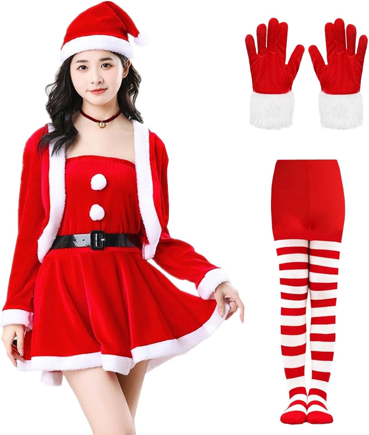 Womens Santa Costume, Velvet Long Sleeve Santa Dress with Belt Striped Tights Hat Gloves, Christmas Dress Costume