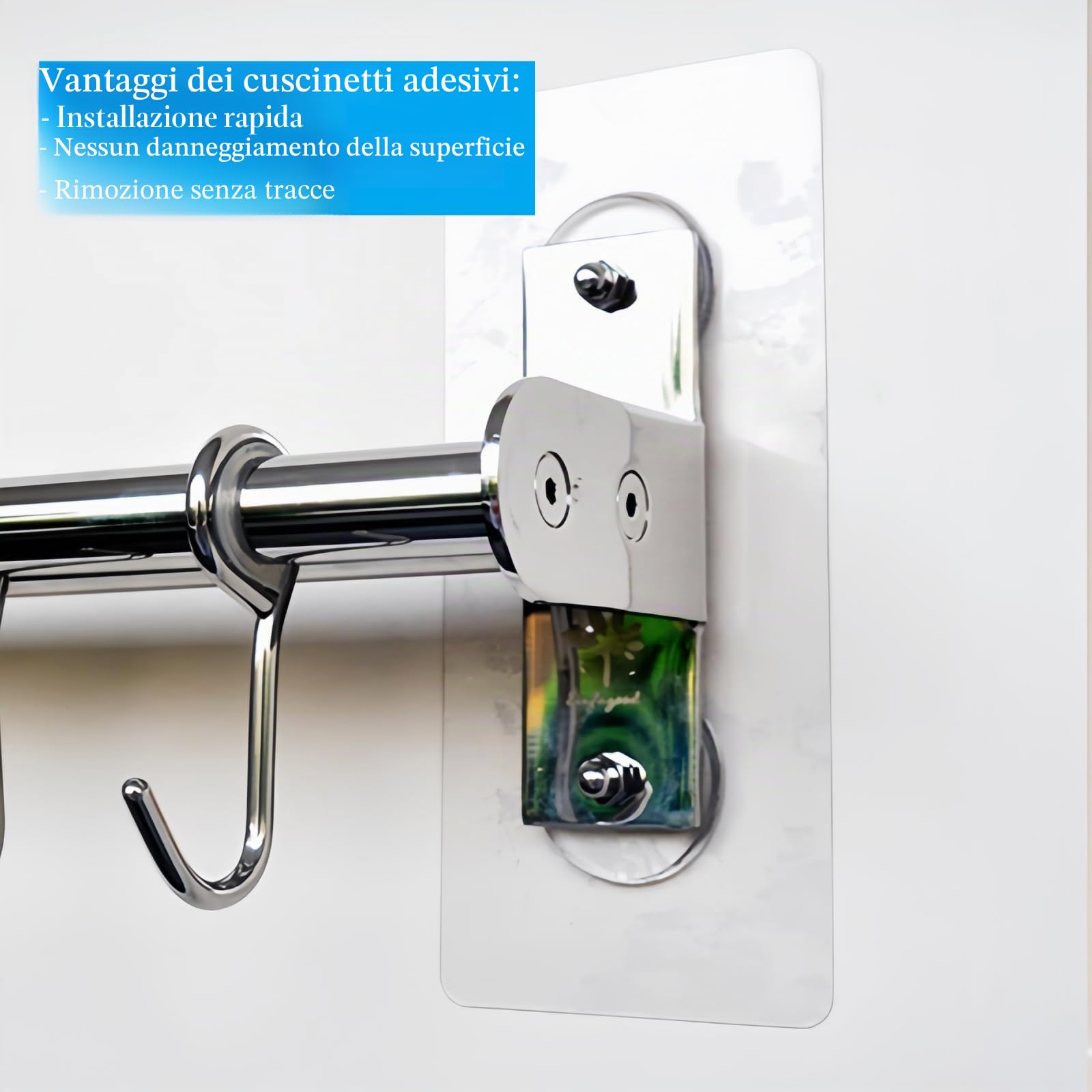 Appendiabiti da cucina, 12 ganci con adesivi magici, senza foratura, doppio tubo in acciaio inox, lunghezza estensibile da 40 cm a 72,4 cm (12 ganci)