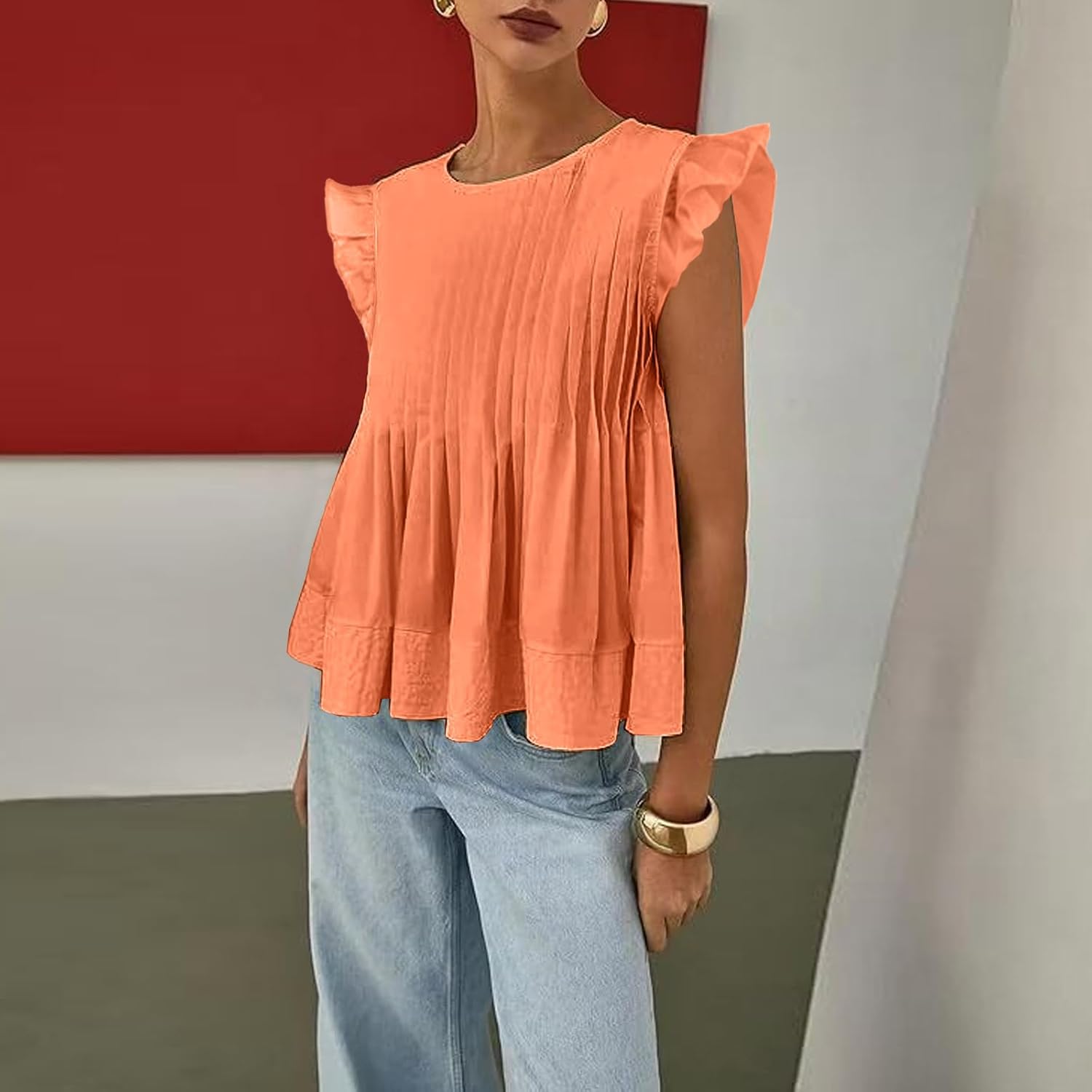 Women's Summer Blouse Ruffled Sleeves Pleated A Line Peplum Babydoll Shirt Top(Orange,XL) - Image 3