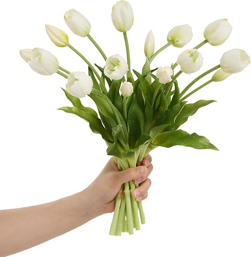 15 Pcs White Tulips Artificial Flowers Faux Tulips Real Touch Latex | Fake Flower Bouquet for Wedding Dining Table Living Room Home Décor Centerpiece Arrangements