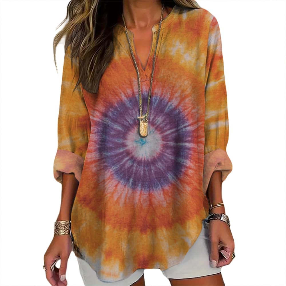 Womens Floral Boho Tunic Plus Size 3/4 Sleeve Shirt Long Henley V Neck Ethnic Summer Fall Loose Tops