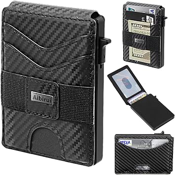 Pop Up Wallet for Men with Money Clip, Slim Minimalist-Business Card Case,Carbon Fiber Slots Credit Card Holder RFID Blocking Bifold Slim Wallet with ID Window for Fathers day gift ideas