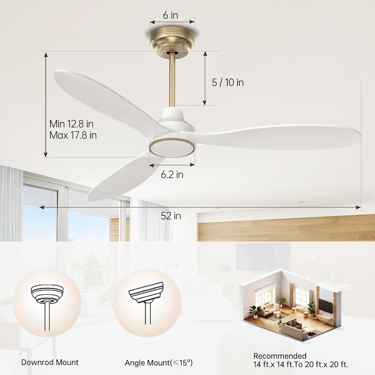 Ovlaim 52 Inch Ceiling Fans with Lights and Remote, Quiet DC Motor 3 Blade Indoor High CFM White Gold Modern Ceiling Fan for Bedroom Living Room