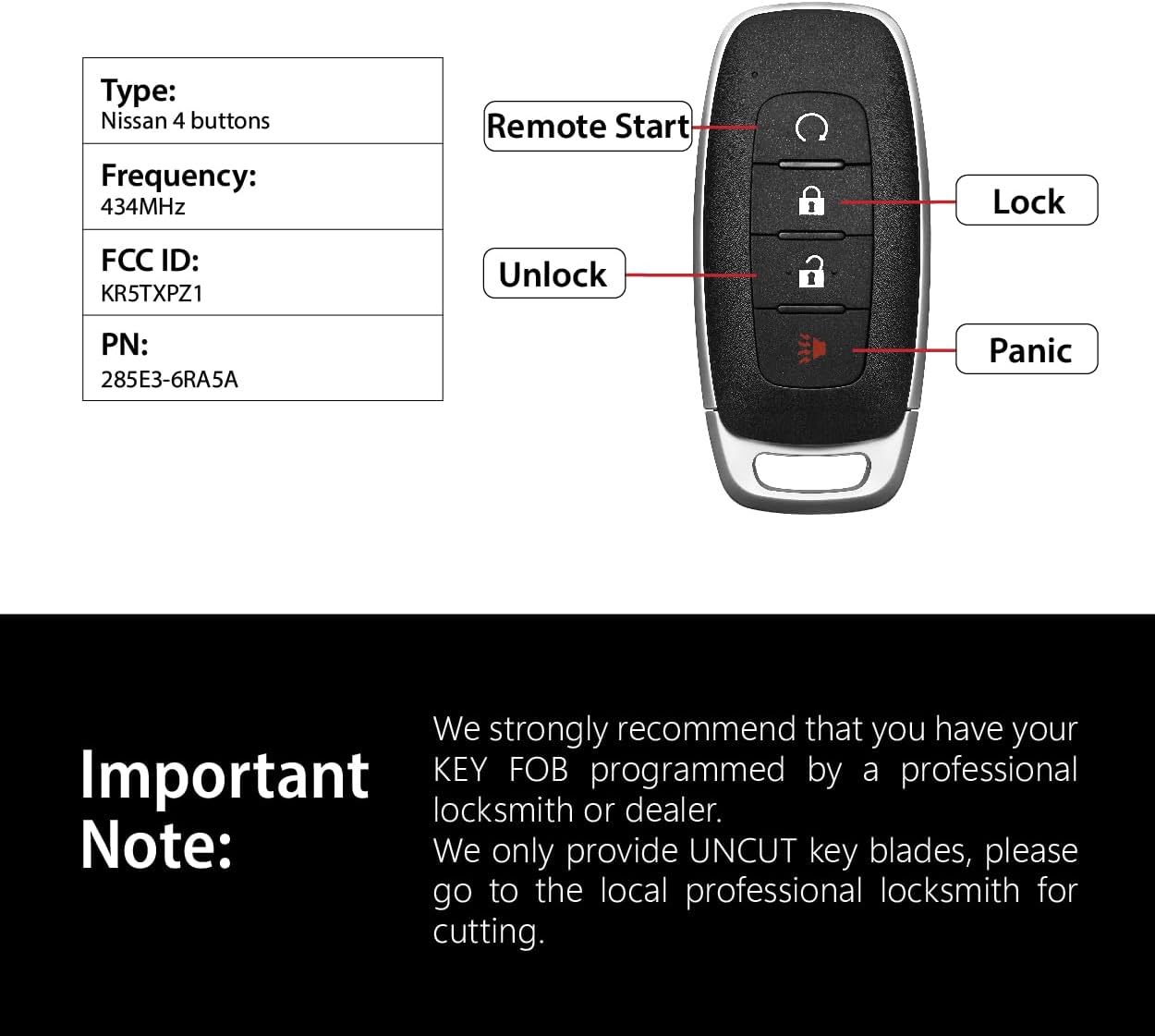 Replacement for 2022 2023 2024 2025 Nissan Kicks Rogue Pathfinder Key Fob Remote Control KR5TXPZ1 4 Buttons 434MHz