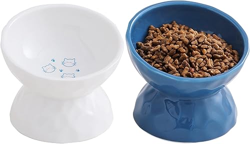 TAMAYKIM Cuencos elevados de cerámica inclinados para gatos, juego de cuencos de comida y agua de 8 onzas para gatitos, plato elevado de porcelana