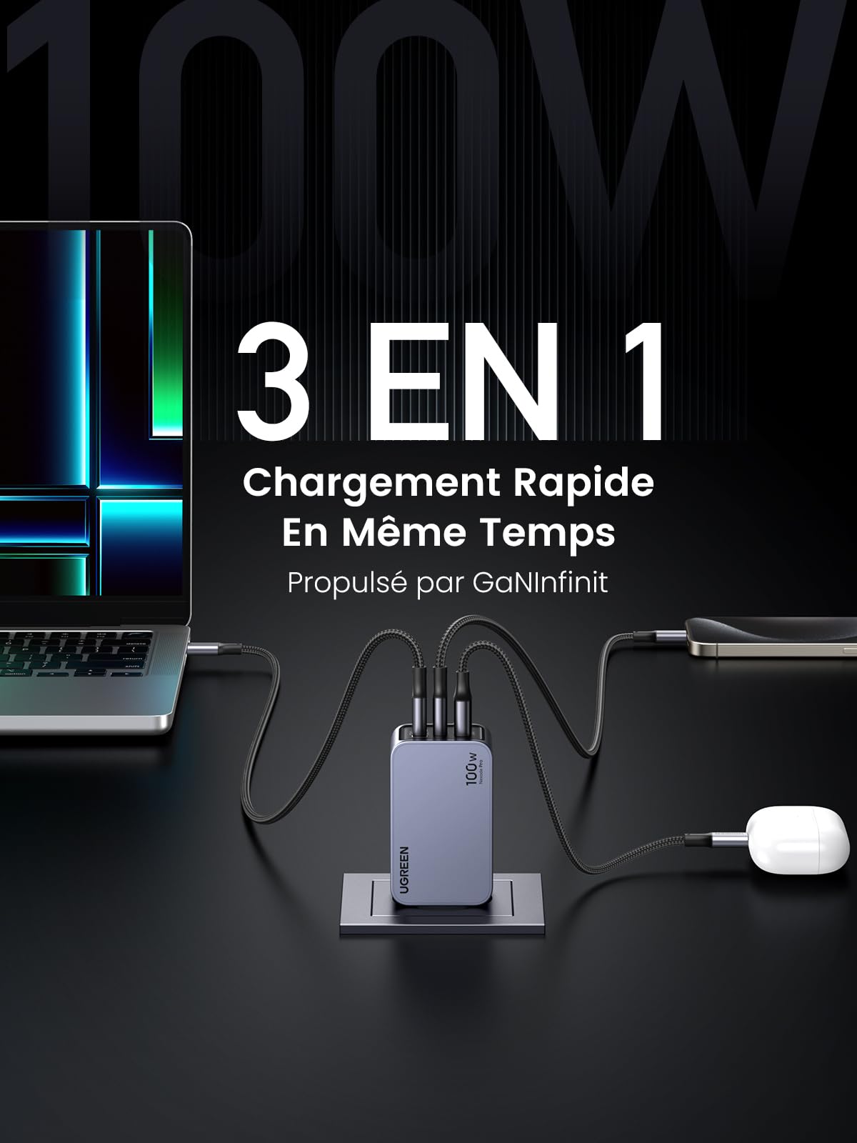 UGREEN Nexode Pro 100W Chargeur Rapide USB C 3 Ports GaNInfinity Tech