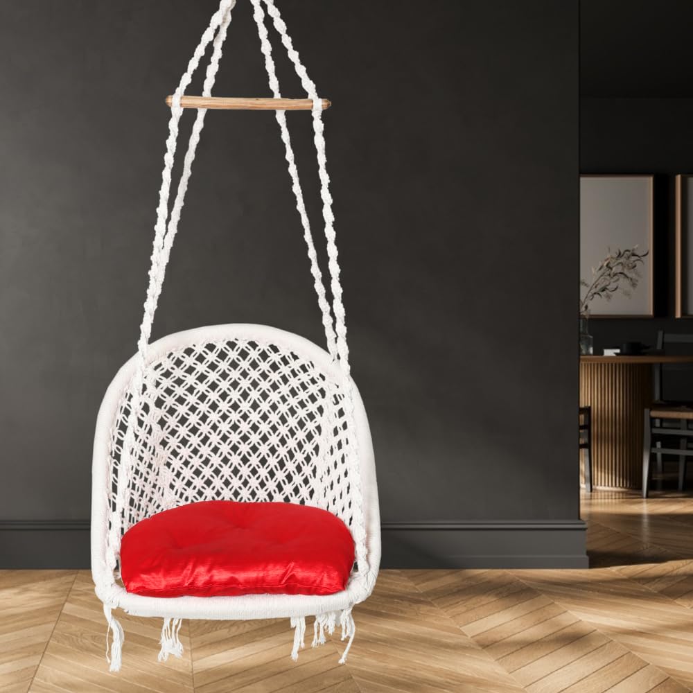 Patiofy Swing for Adults & Kids/Swing for Balcony/Swing Chair for Adults for Home/Cotton D Shape Wooden Swing/Jhula for Adults/Jhoola/Swing for Indoor/Includes Hanging Kit & Red Cushion-White