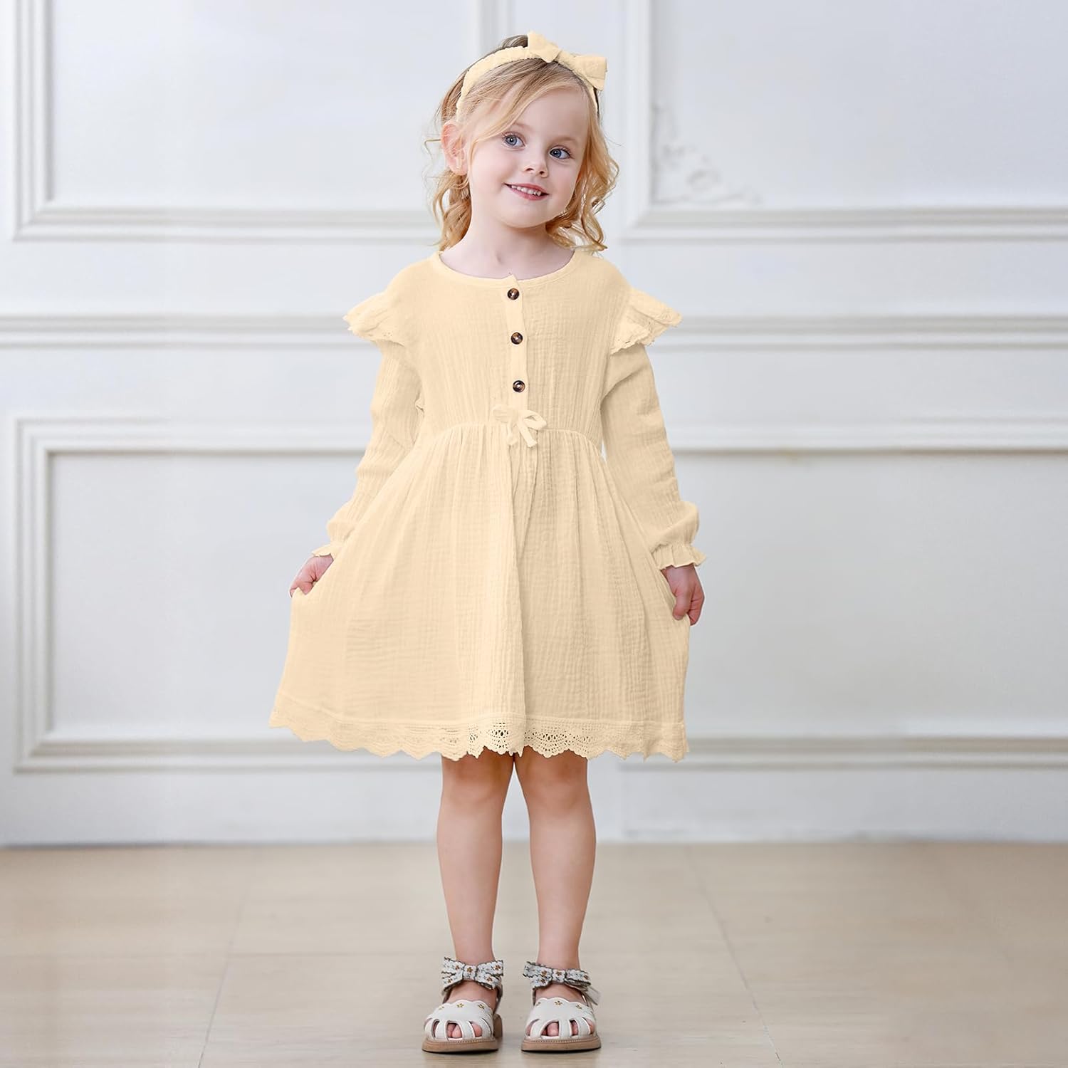 Sinhoon Toddler Fall Dress Baby Girl Dress Ruffle Long Sleeve Toddler Girl Dress Smocked Baby Fall Dresses with Bow Headband - Image 7
