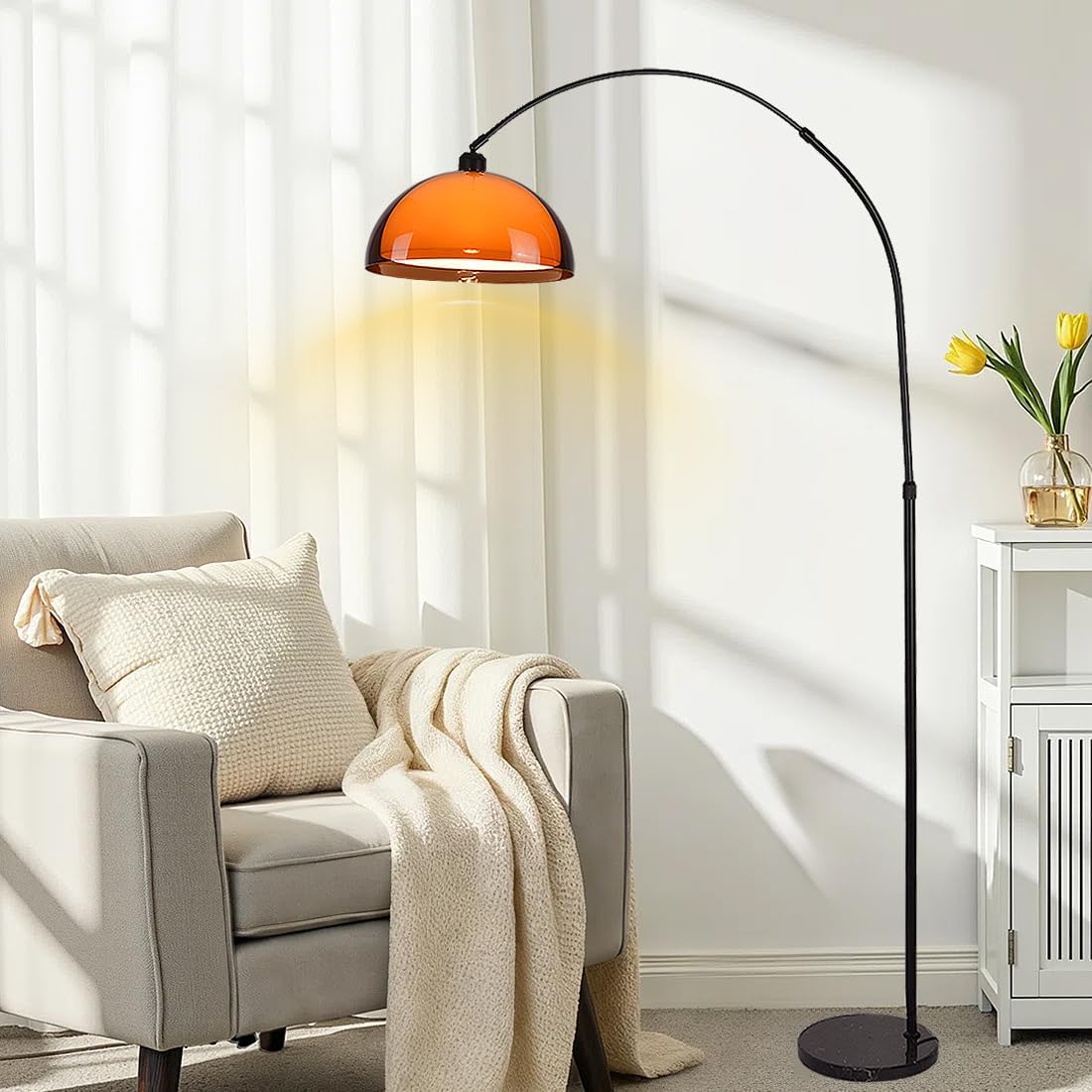 Arc Floor Lamp for Living Rooms Orange Two-Layered 70" Modern Floor Lamp with Marble Base Arch Standing Lamp for Living Rooms, Home Offices, Dining Rooms, Bedrooms,Acrylic Lampshade
