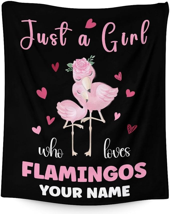 Personalized Flamingo Blanket Gifts with Name - 50x60 Inches Cute Throw for Women & Girls - Black Soft Fuzzy Blankets for Bed, Couch & Living Room
