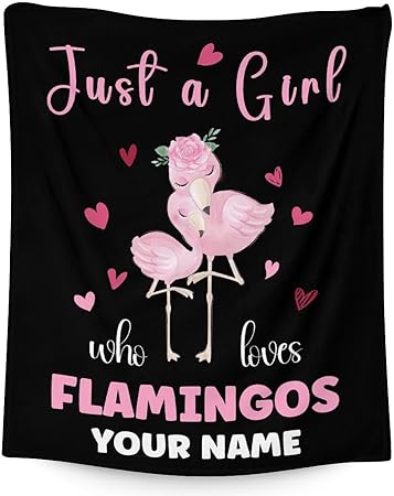 Personalized Flamingo Blanket Gifts with Name - 50x60 Inches Cute Throw for Women & Girls - Black Soft Fuzzy Blankets for Bed, Couch & Living Room