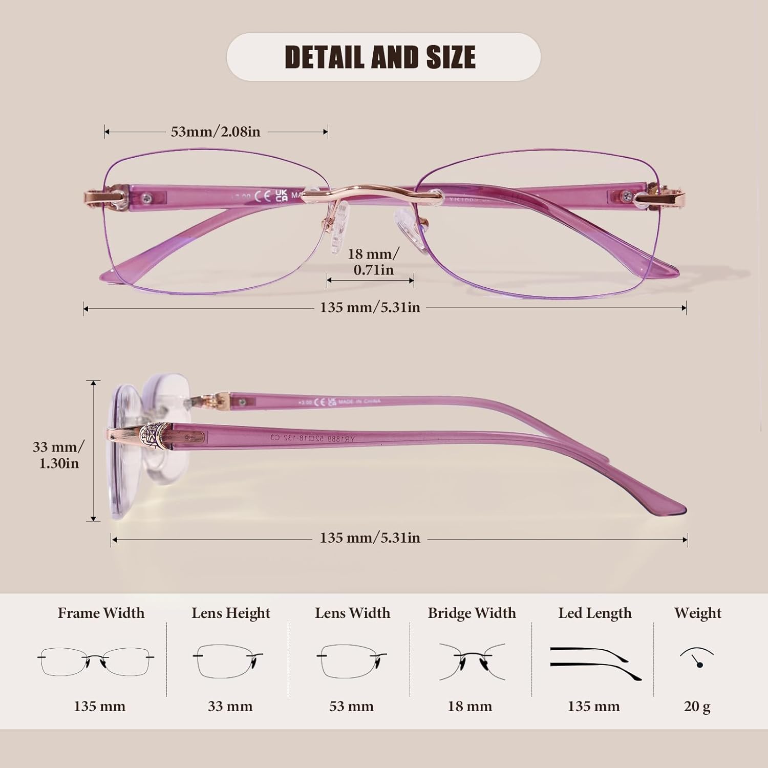Rimless Reading Glasses for Women, Rectangle Blue Light Blocking Readers With Tinted Edge - Image 3