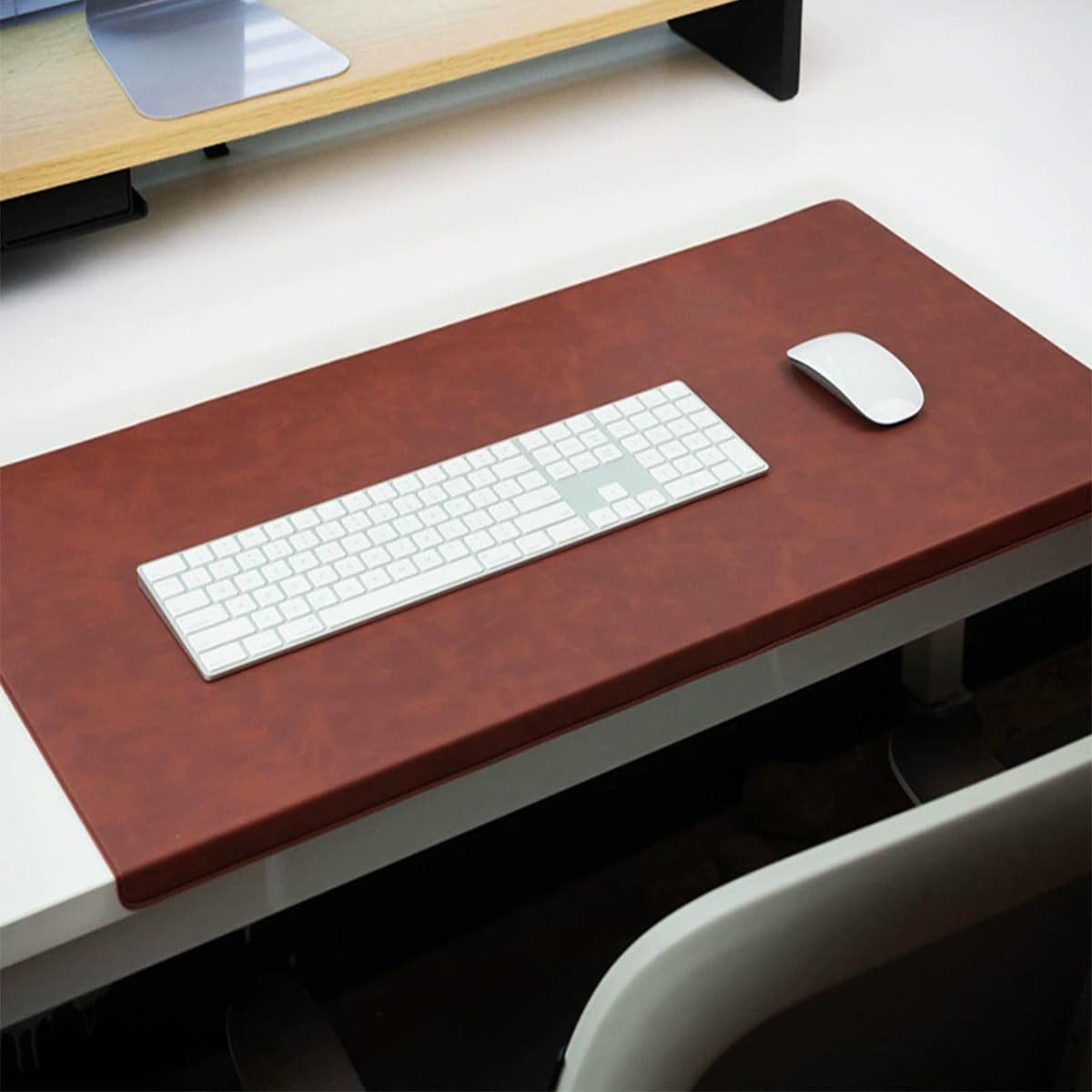 Large Desk Pad with Edge Protection, Edge-Locked Leather Office Table Protector Mouse Mat for Laptop Keyboard, Non-Slip Waterproof Writing Pad (Reddish Brown,90x43cm)