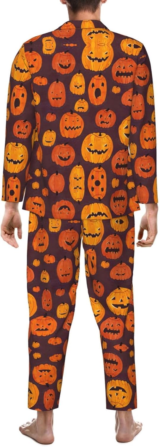 Mens Halloween Pumpkin1 Print Pajamas Long Sleeve Pjs Sleepwear Soft Comfy Loungewear Sets 2 Piece Nightwear