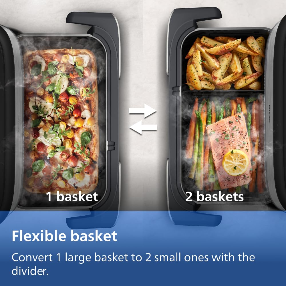 Philips Airfryer 5000 Series Megabasket with Steam - Unique Steamfry, Steam & Airfry - 28 Ways to Cook; 9,5L in Megabasket or 3L + 6L Dual Basket, RapidAir Plus Technology, Auto SteamClean (NA565/92) — view 3