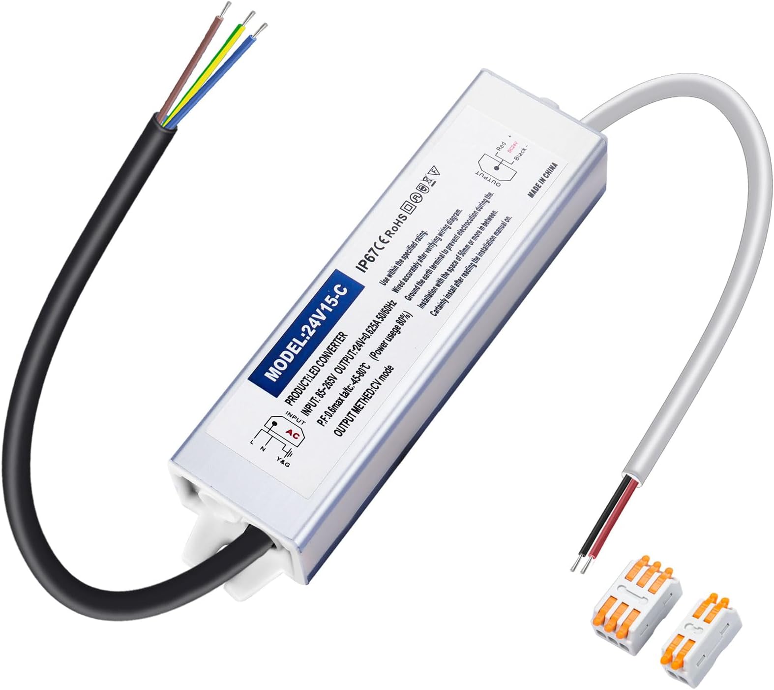 Waterproof IP67 24V Power Supply 15W 0.6A, LED Driver 110V AC to 24V DC Converter, Ideal for Indoor and Outdoor, Marine, and Industrial LED Lighting Applications