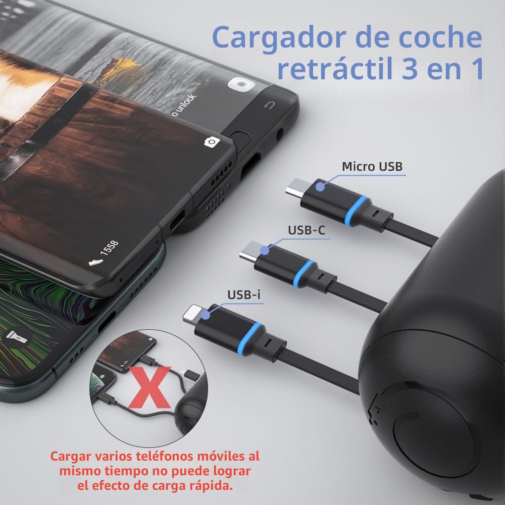 OHLPRO Cargador Retráctil para Asiento Trasero 3 en 1 | Cargador para Coche Compatible con iPhone, Samsung y Todos los Teléfonos | Ideal para Taxi, Uber, Lyft, Turo