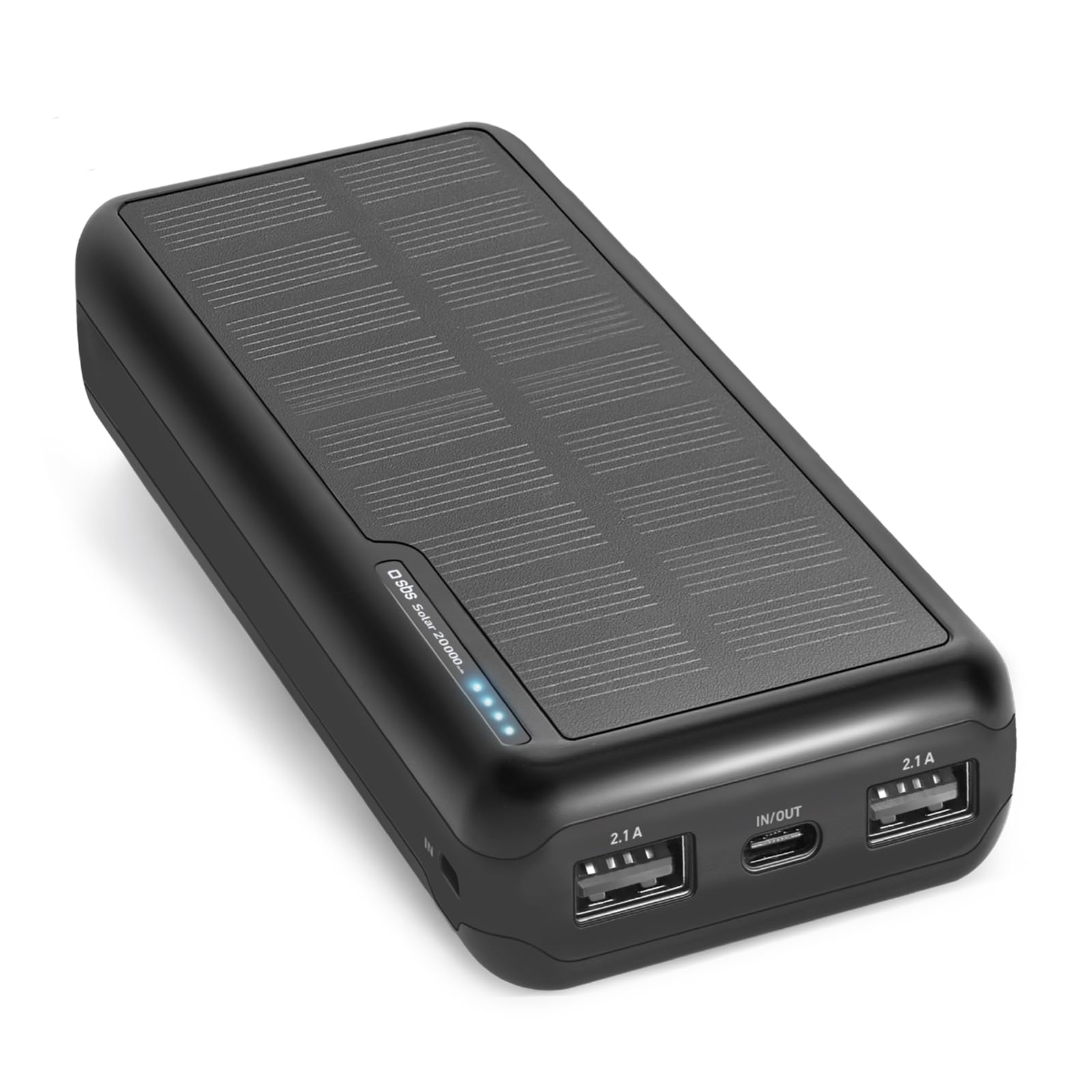 SBS Solar PowerBank, 20.000mAh, Power Bank con Pannello Solare, Ricarica Rapida, Intelligent Charge (IC), LED di Carica, USB-C, USB-A, Caricabatterie Portatile da Viaggio, Design Compatto, Nero
