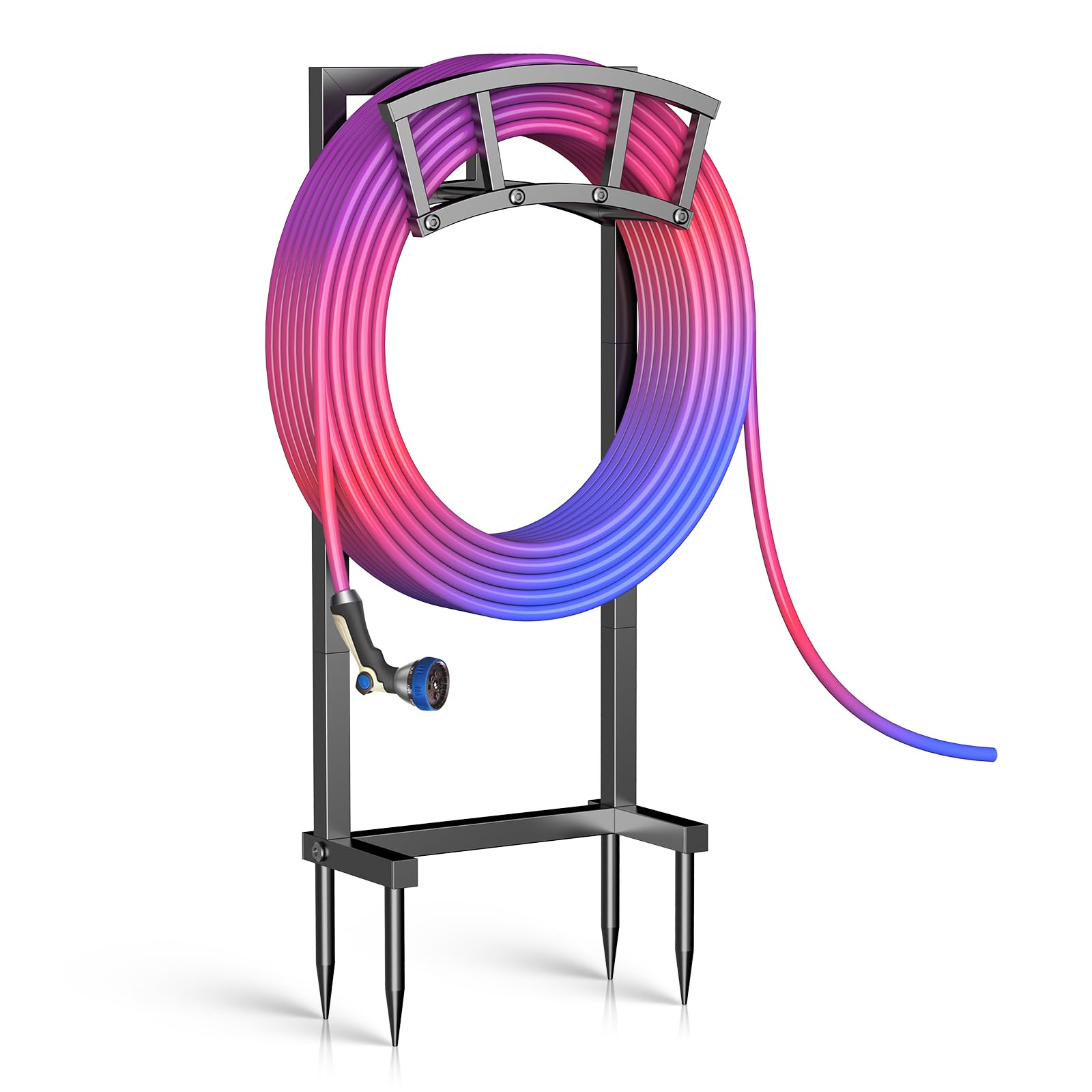 Garden Hose Holder Freestanding, Outdoor Heavy Duty Water Hose Holder Reel with 4 Spikes Holds 150-ft Water Pipe, Detachable Metal Hose Storage Stand Hanger Rack for Outside Yard Lawn Farm, Black