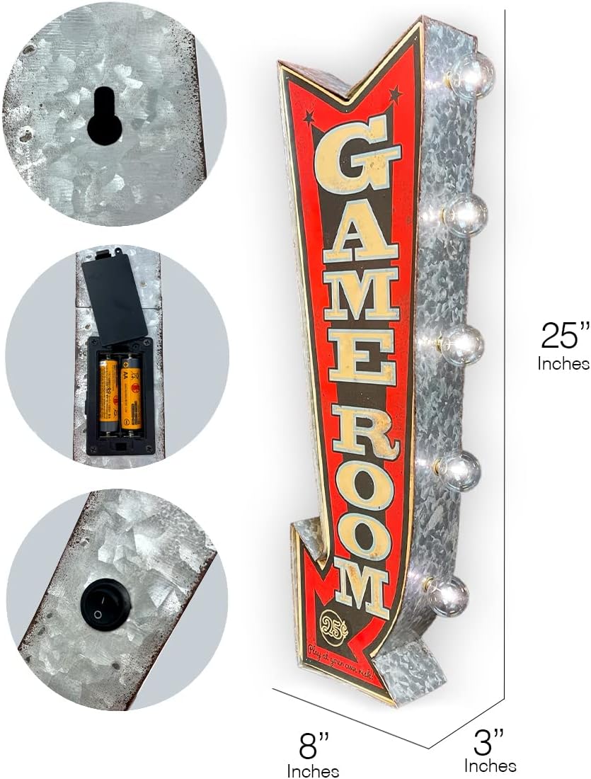 Game Room LED Sign, Large 25" Double Sided Red Arrow Sign with Large Marquee Style LED Light Bulbs, Battery Operated Wall Decor with A Retro Distressed Design