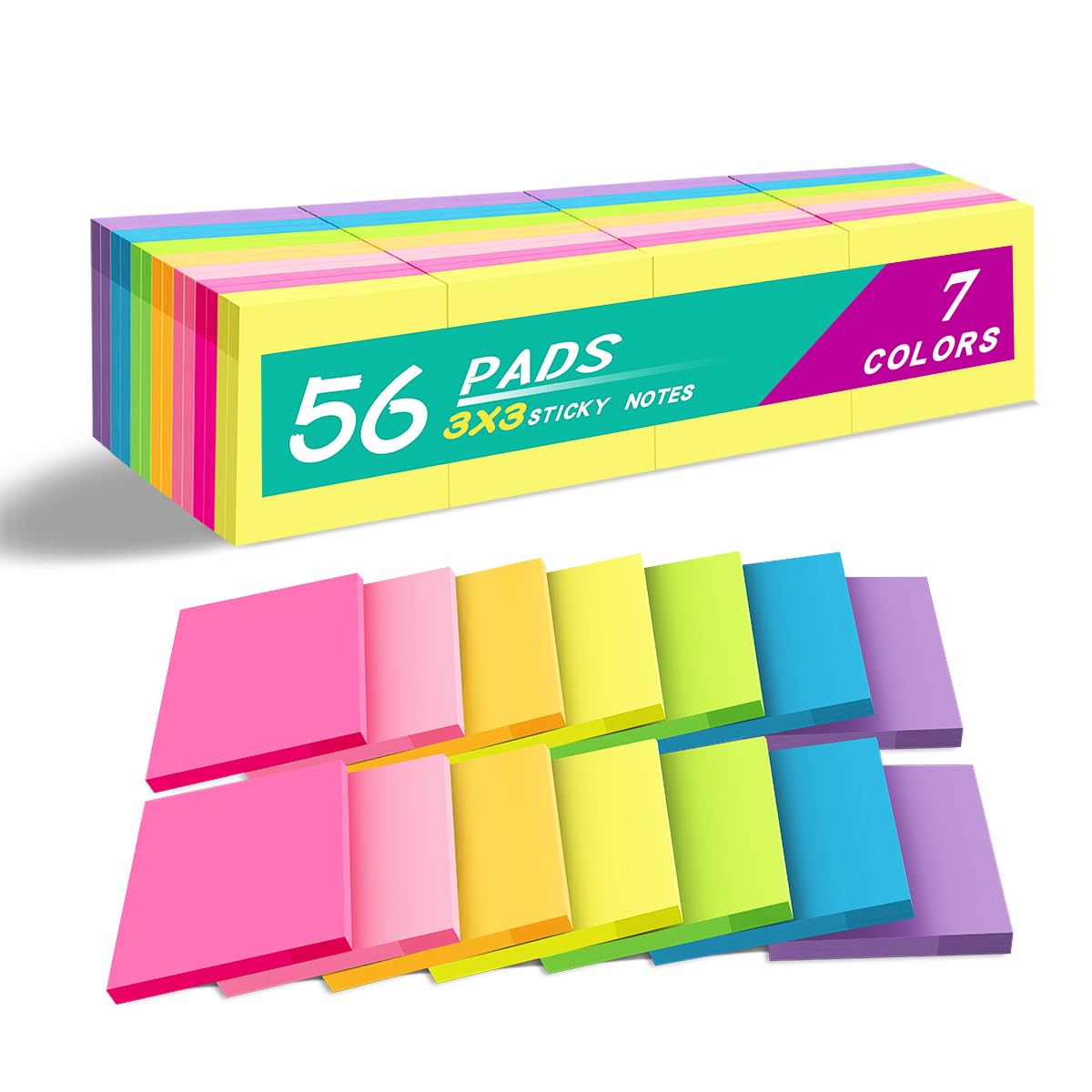 (56 Pads) Sticky Notes Bulk 3x3 in Post Bright Stickies Colorful Super Sticking Power Memo Pads, Strong Adhesive