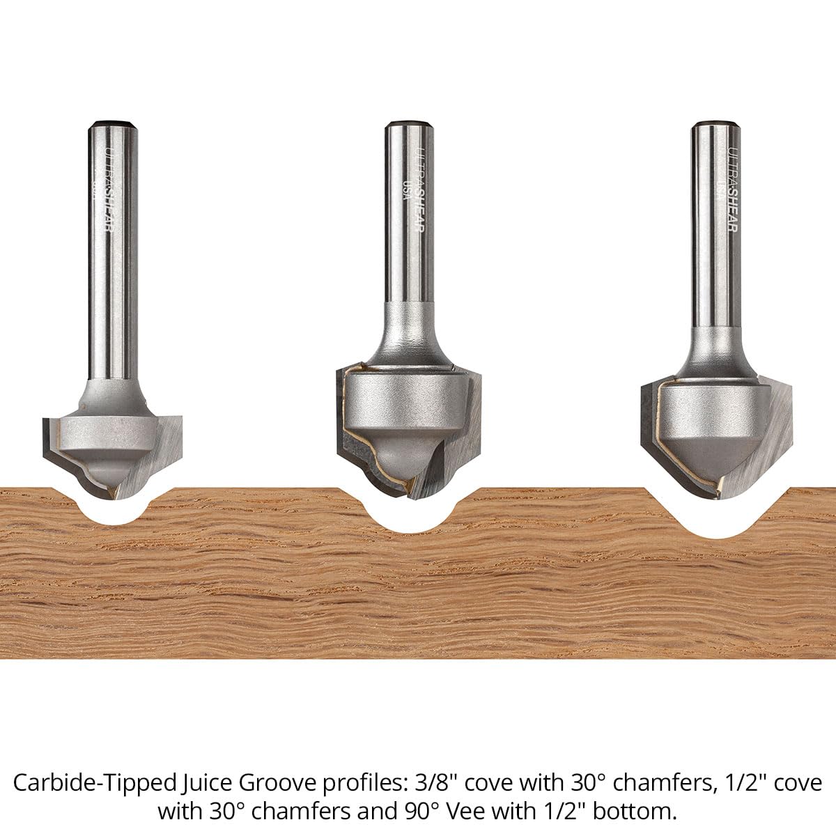 Carbide-Tipped Juice Groove Router Bits, Clean Cutting Board Grooves with Chamfered Lead-in, 1/4" Shank 45° Nose– CNC & Template Routing – Made in USA US22545JG2F