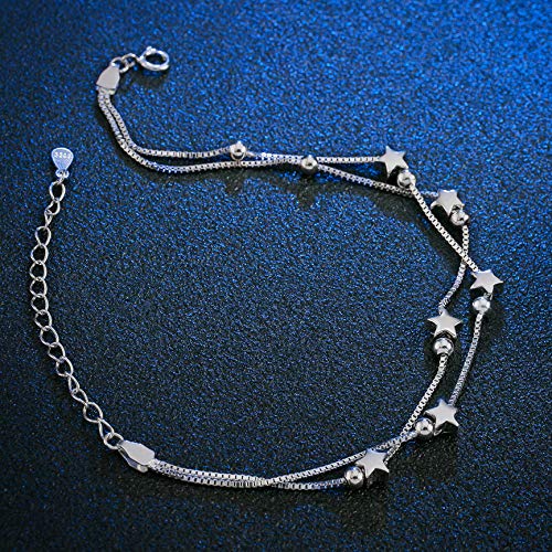 Damesarmband, elegante parels, 925 zilver en sterren, dubbel gelaagd, armband met 925 sterling zilver, armband, armband, armband, verstelbaar, modesieraad, armbanden, liefdesarmbanden met sieradenverpakking, 16 centimeters, Zilver