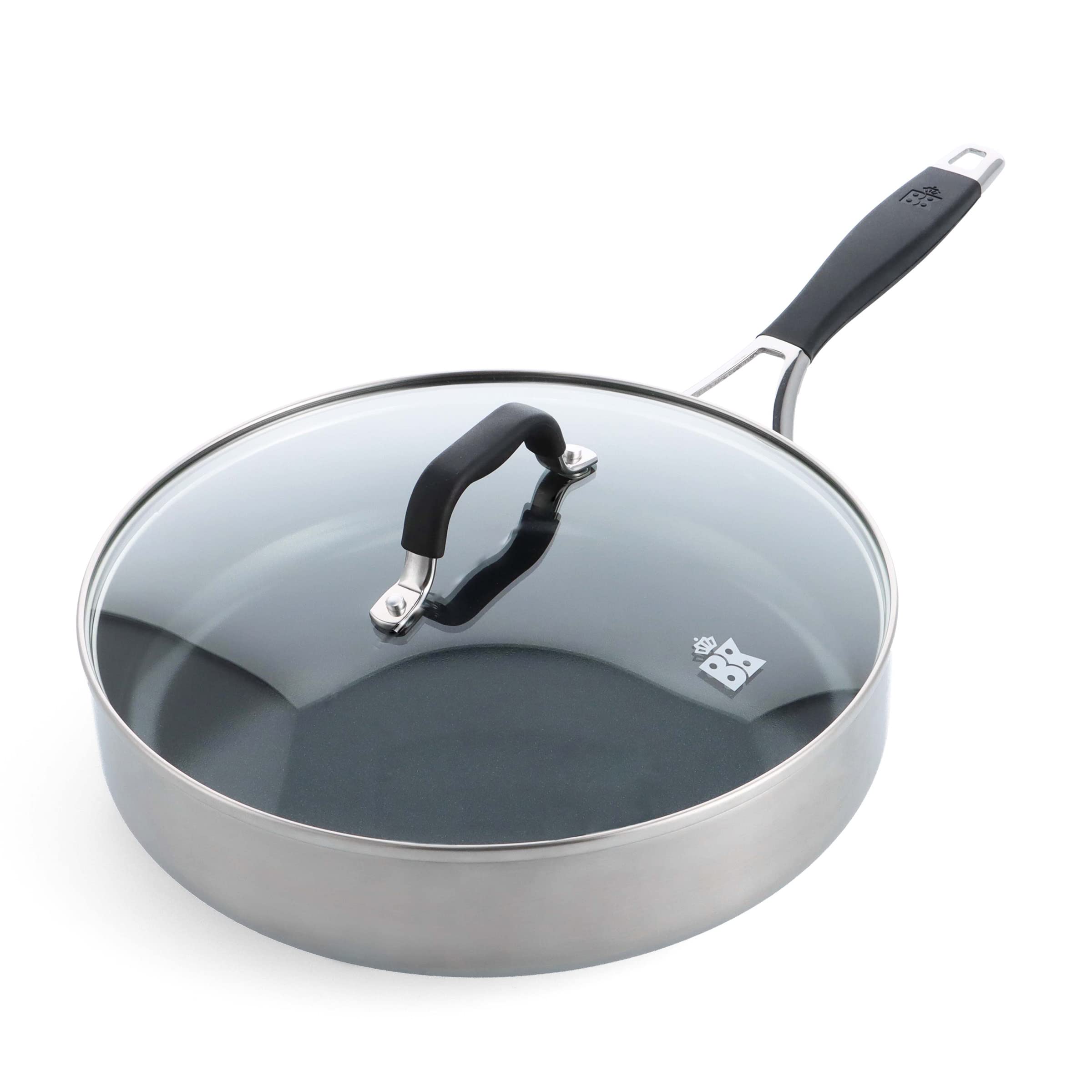 BK Intelligence 28cm/3.6L Stainless Steel Sauté Pan with Non-Stick Ceramic Coating PFAS Free Induction Stay Cold Handle Dishwasher Safe Oven Safe Silver & Black