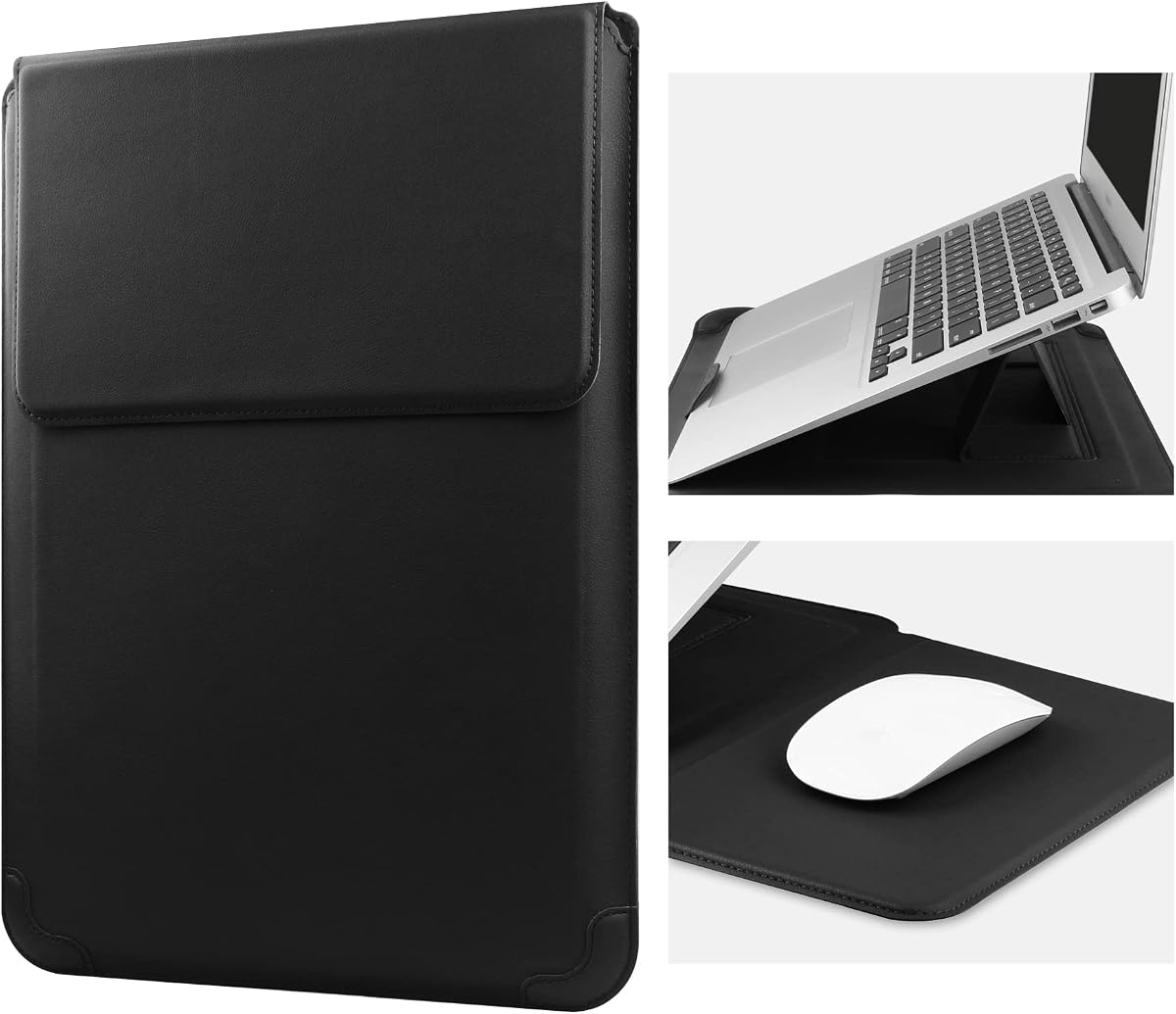 HoYiXi 14 Inch Laptop Sleeve Case Leather Bag with Stand Compatible with Mac Pro 14 2021/ASUS Vivobook 14/HP Pavilion X360/IdeaPad 14/Dell HP ASUS Acer Huawei Matebook 14'' PC, Black