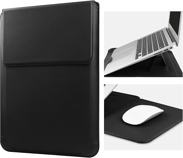 HoYiXi 14 Inch Laptop Sleeve Case Leather Bag with Stand Compatible with MacBook Pro 14 2021/ASUS Vivobook 14/HP Pavilion X360/Lenovo IdeaPad 14/Dell Lenovo HP ASUS Acer HUAWEI Matebook 14'' PC, Black
