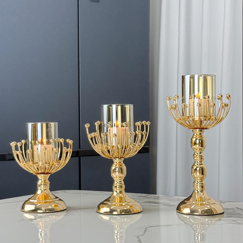 Glass Hurricane Candle Holder for Pillar Candles - Windproof Clear Sleeve Decorative Centerpiece for Fall Holiday Wedding Dining Table Home Decor