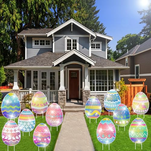 Sparkling Easter Decorations Outdoor,12pack Easter Yard Decorations Outdoor,Easter Egg Decor,Decorative Laser Printing Easter Lawn Decorations,Waterproof Easter Yard Signs