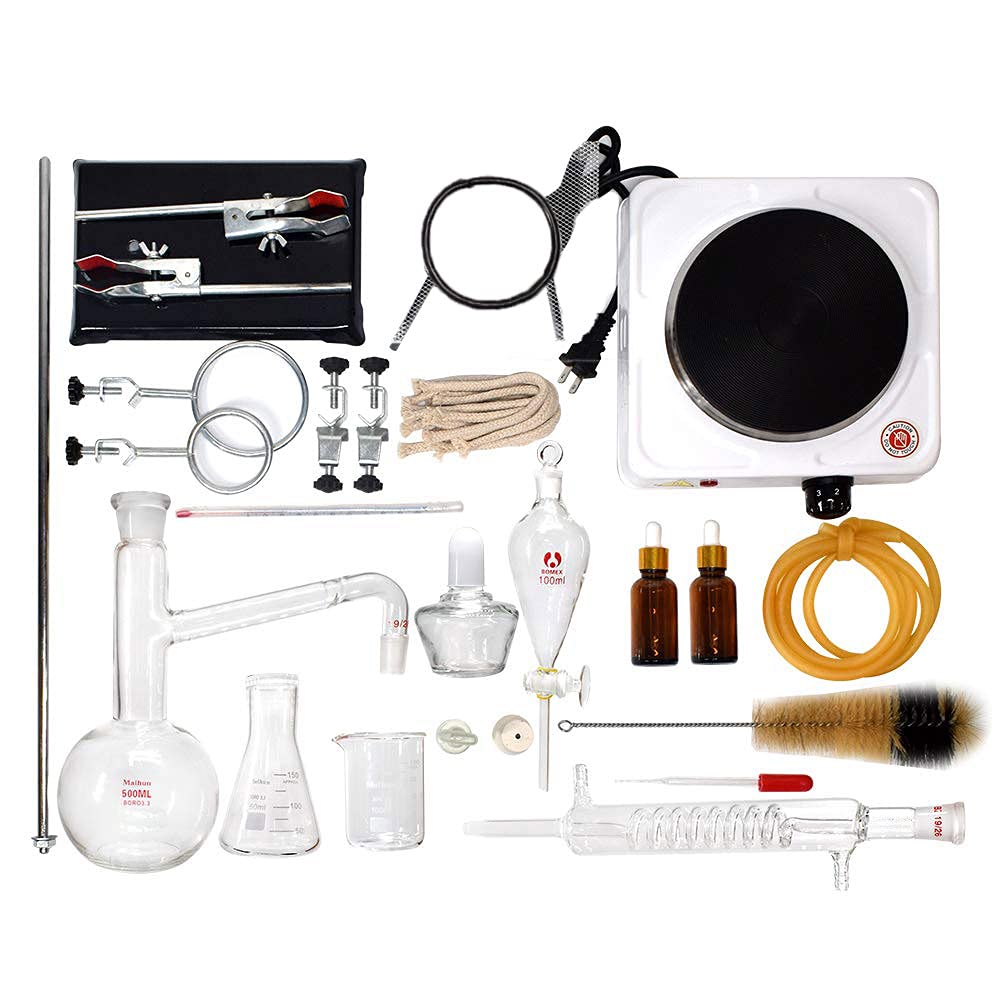 Kit di vetreria da laboratorio per strumenti di distillazione dell'olio essenziale da 1000 ml con bruciatore elettrico