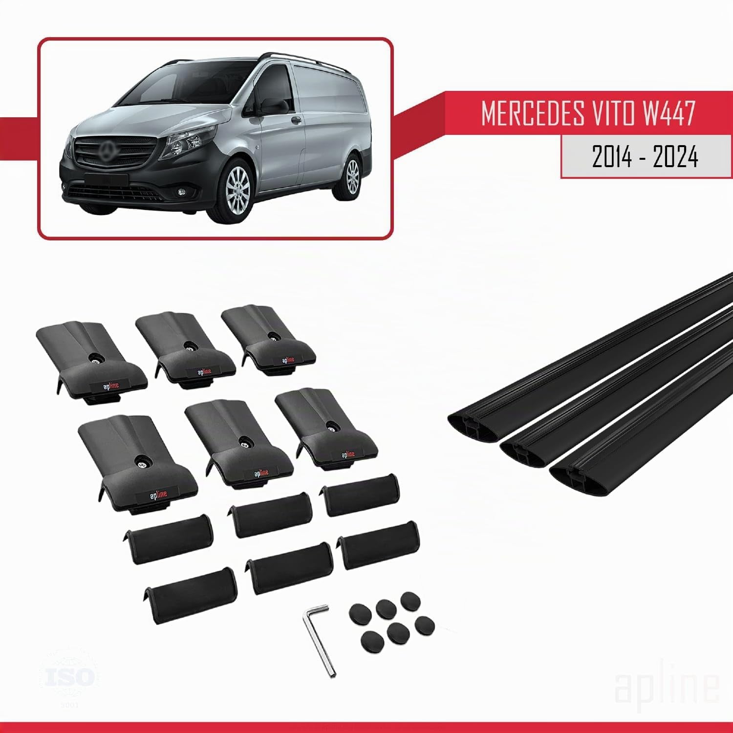 Compatible avec Mercedes Vito 3 (W447) 2014-2026 Fly Modèle Barres de Toit Railing Porte-Bagages de Voiture Aluminium Noir 3 Barres