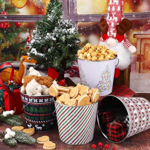 Sliner 24 Pcs 6.2\" x 5.8\" Large Christmas Metal Buckets Bulk Xmas Galvanized Metal Buckets with Handle Christmas Decorative Gift Bucket for Cookies Candy Snack Christmas Party Favors - Thumbnail 6