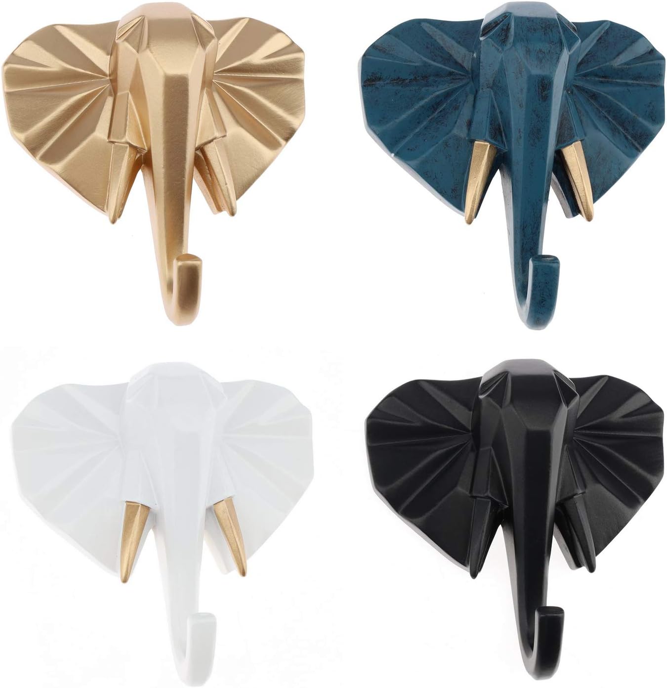 Elephant Head Modern Wall Decoration Resin Animal Creative Hook Home Cloakroom Bedroom Jewelry Display Key Scarf Bag Coat Holder Rack (White, Gold, Blue, Black)