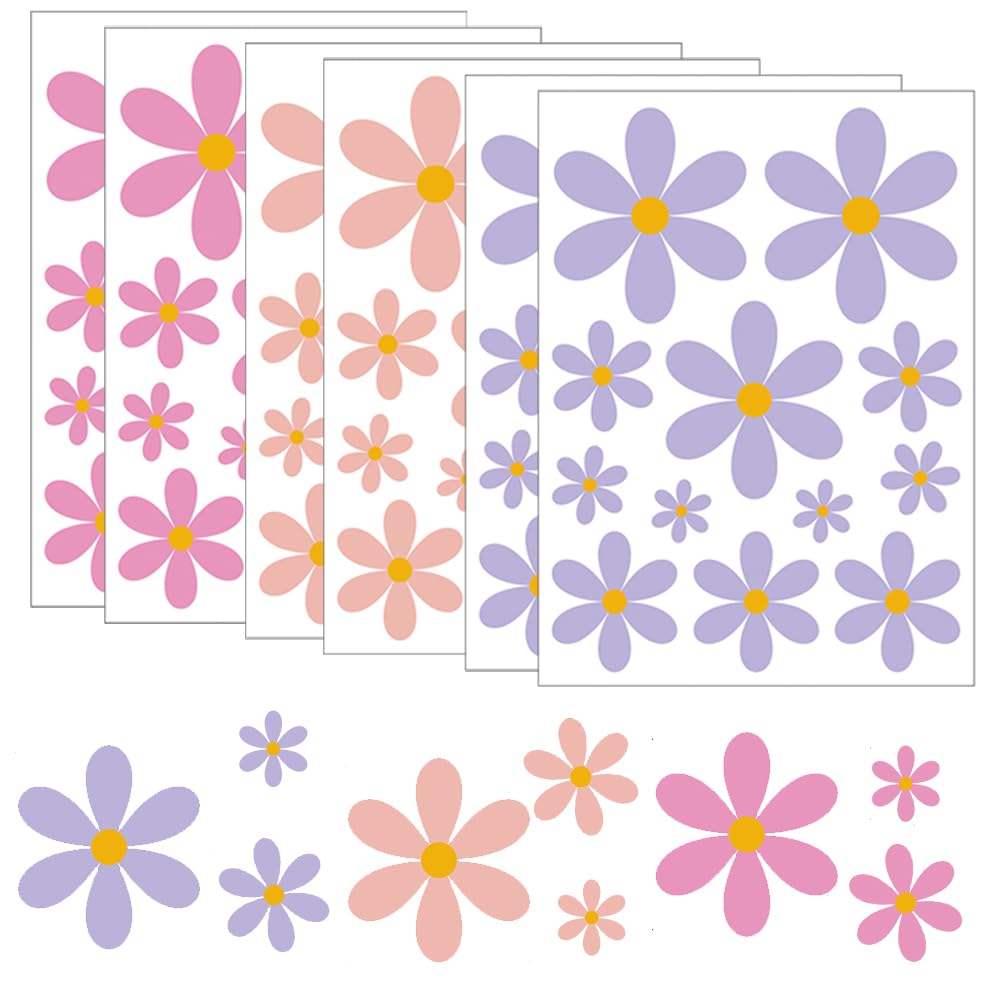 6 Sheets Flower Wall Stickers Multi-Size Daisy Walls Decals Waterproof Daisy Sticker Peel and Stick Wall Art Stickers for Kids Girls Nursery Playroom Bedroom Living Room