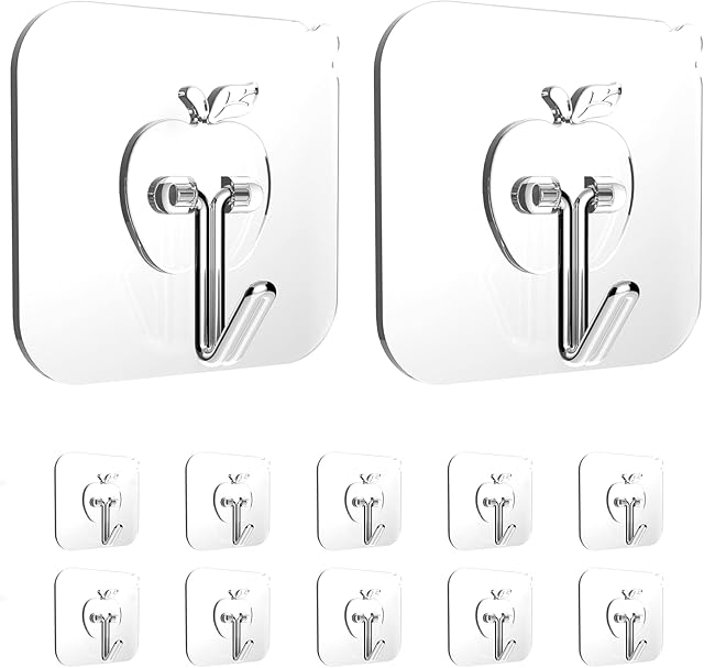 NileHome Adhesive Hooks for Hanging 12 Packs Heavy Duty Wall Hooks Reusable Removable Waterproof Bathroom Hooks Transparent Sticky Hooks for Kitchen Glass DoorApple