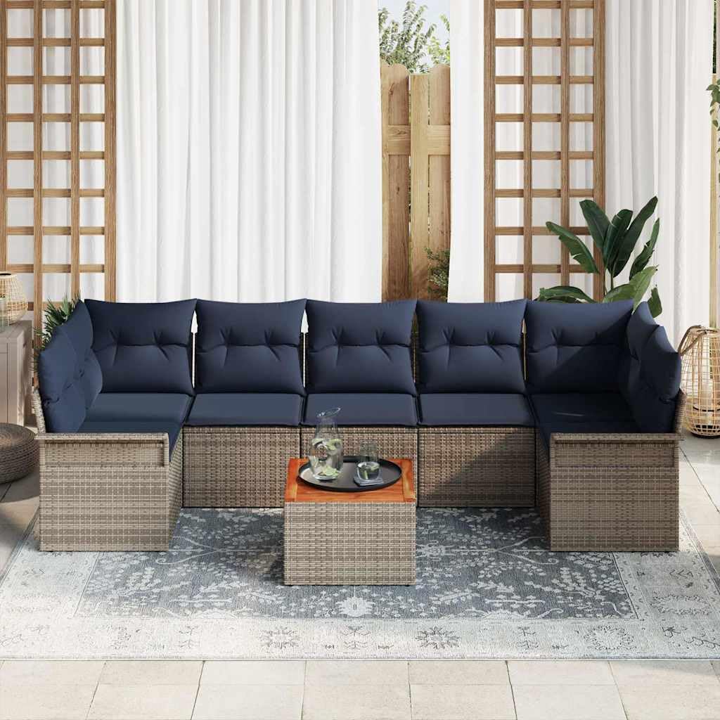 Sofa ogrodowa, 8-częściowy, szary, granatowy, polirattanowy z drewna akacjowego, 298 x 132,5 x 69 cm, modułowa, odporna na warunki atmosferyczne, do przechowywania, na balkon, taras, do ogrodu