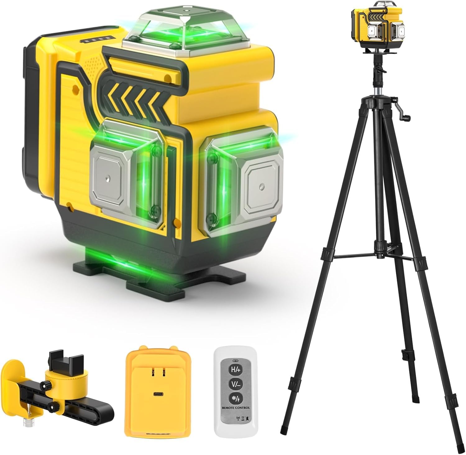 Nivel Laser Autonivelante 4 x 360° - cjumel 4D 16 líneas Verde Nivel Láser Multifuncional Laser Level con 1.6M Tripode, Mando a Distancia, 5400 mah Batería