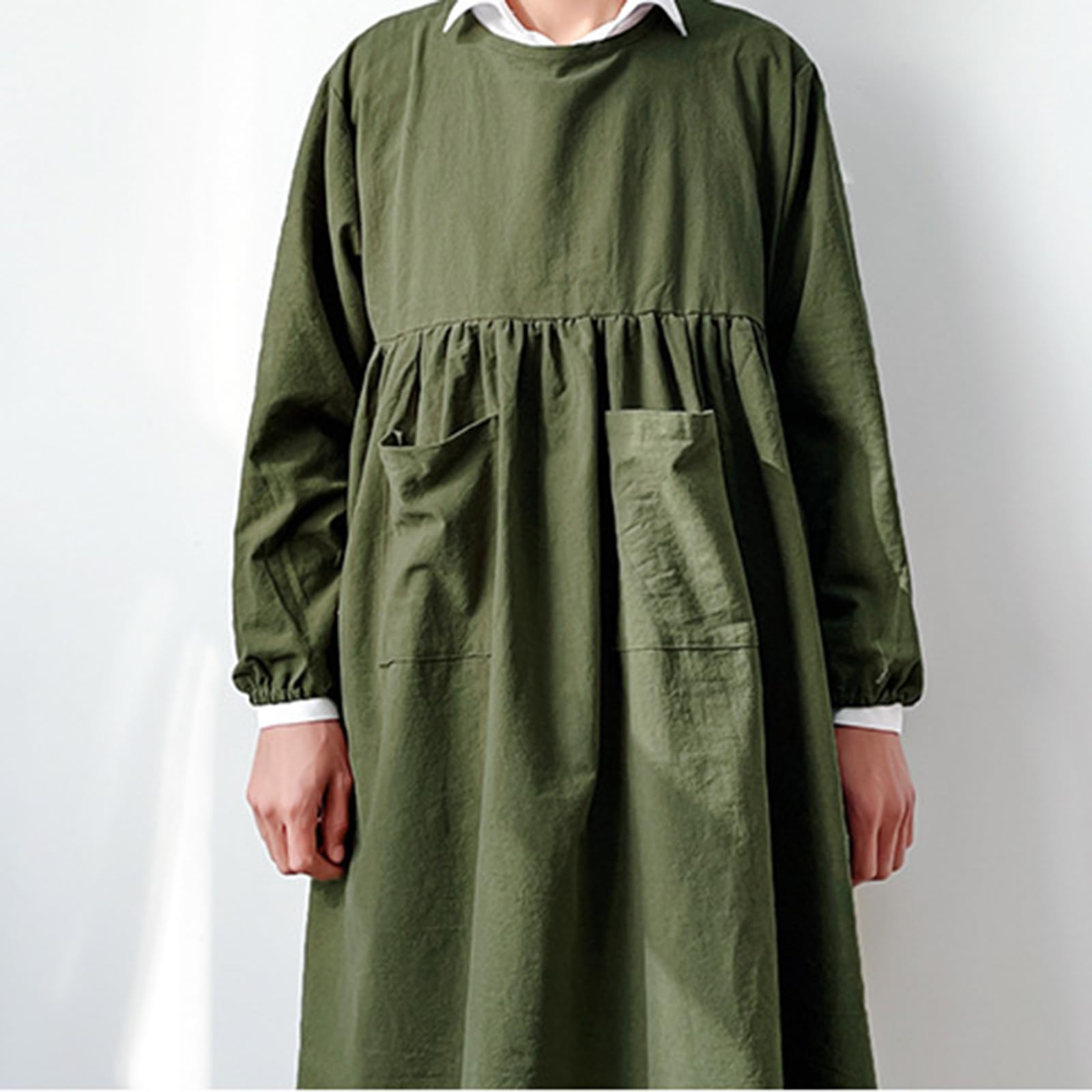 Tabliers Grande Taille pour Femmes, Tabliers en Coton à Manches Longues avec Poches pour la Cuisine, la pâtisserie, Le Jardinage, la Peinture, Taille Unique, Vert (Vert Taille Unique)